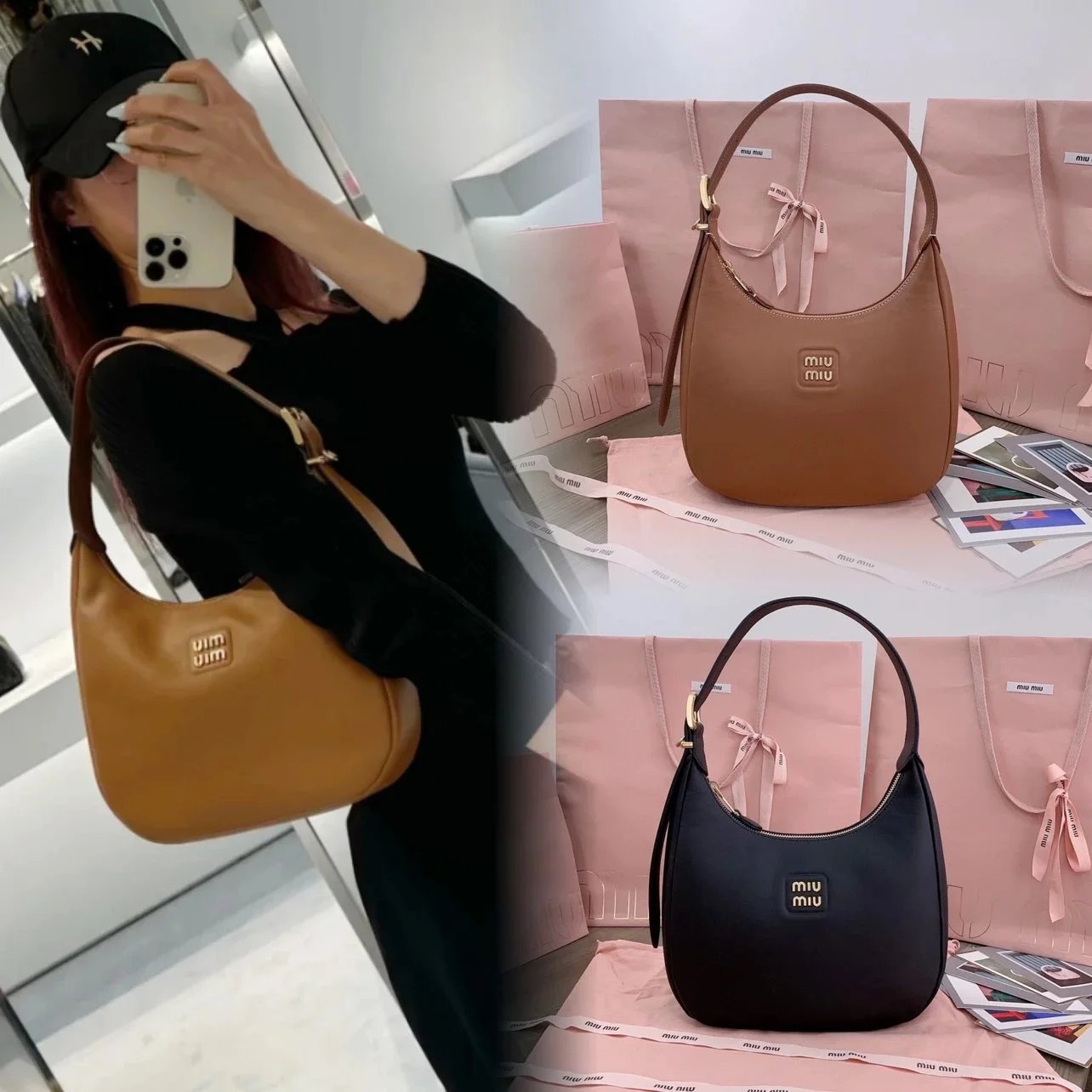 Miu Miu Bag Top version 【Highest Version Original Leather】5BC15124Annual New Product hobo Bag New Size Large Underarm Selenodont Bag Limited hobo Underarm bag miu New Home hobo Shoulder Bag hobo Tote Bag Women's Bag