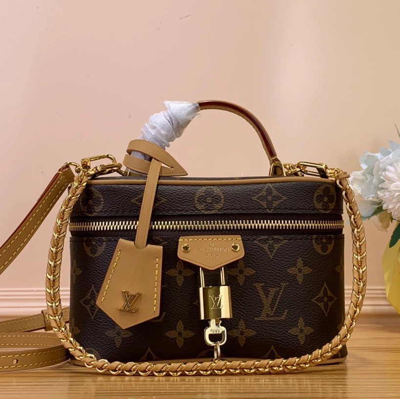 Louis Vuitton LV Women's Bag Top version 【High Quality Original Leather】24New vanitypouch Cosmetic Bag Full-Body Presbyopic Full-Printed Zipper Opening and Closing Small Waste Bag Strap Lock Head Portable Cosmetic Bag Chain Portable Box Bag Bucket Bag Sho