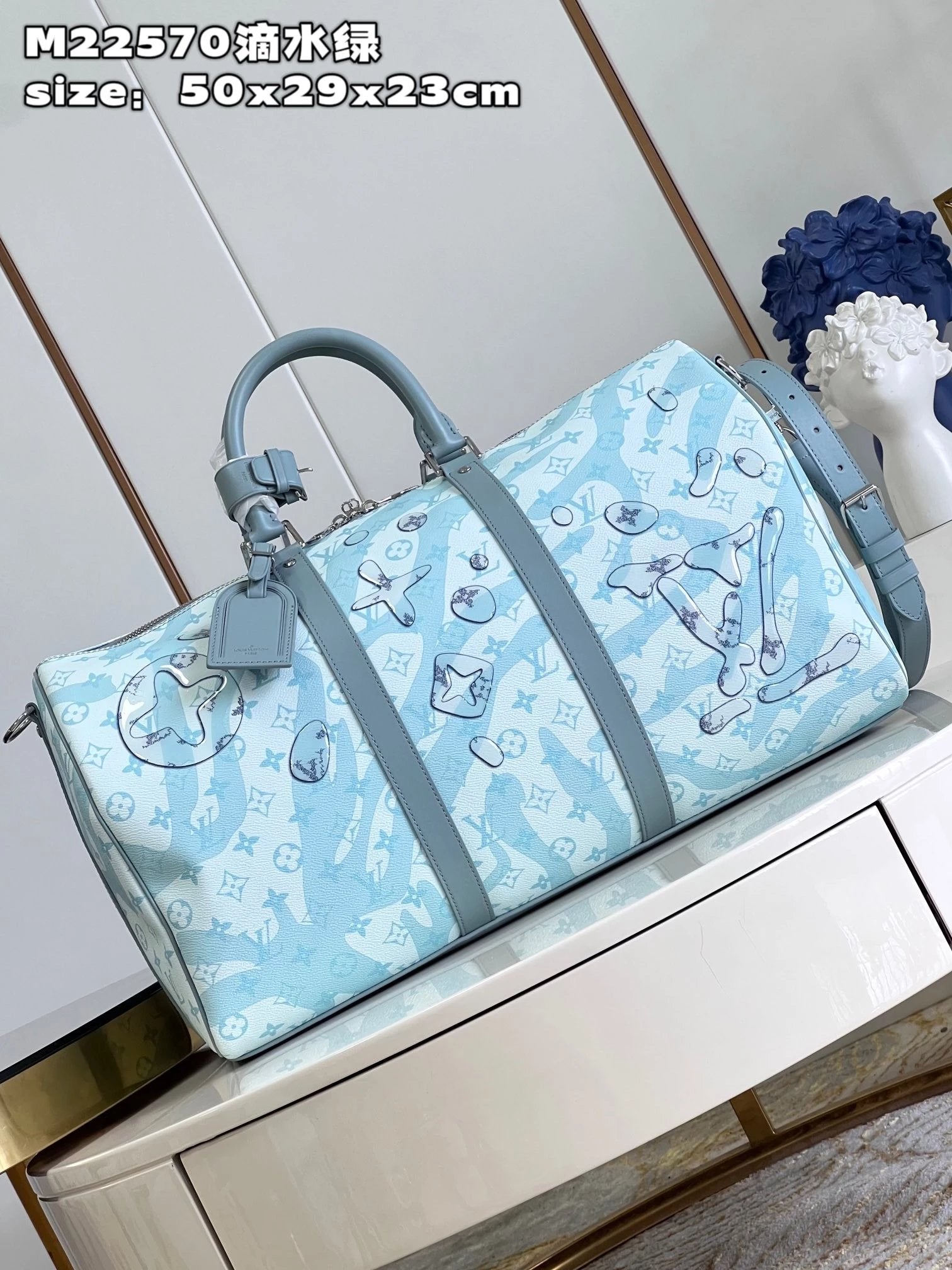 Louis Vuitton LV Travel Bag Top version 【Overseas Surrogate Shopping】M22573Blue Water Drop Ink Travel Bag keepall35Gym Bag Travel Bag Shoulder Messenger Handbag M22570Water Park Mint Green