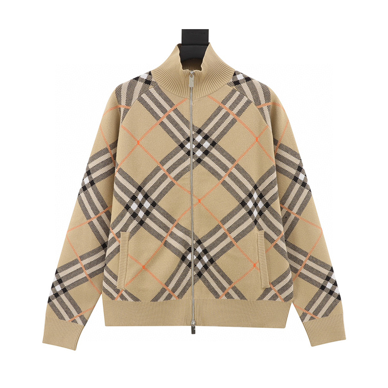 Burberry Jackets Diamond Plaid Cashmere Sweater Zipper Coat for Men and Women