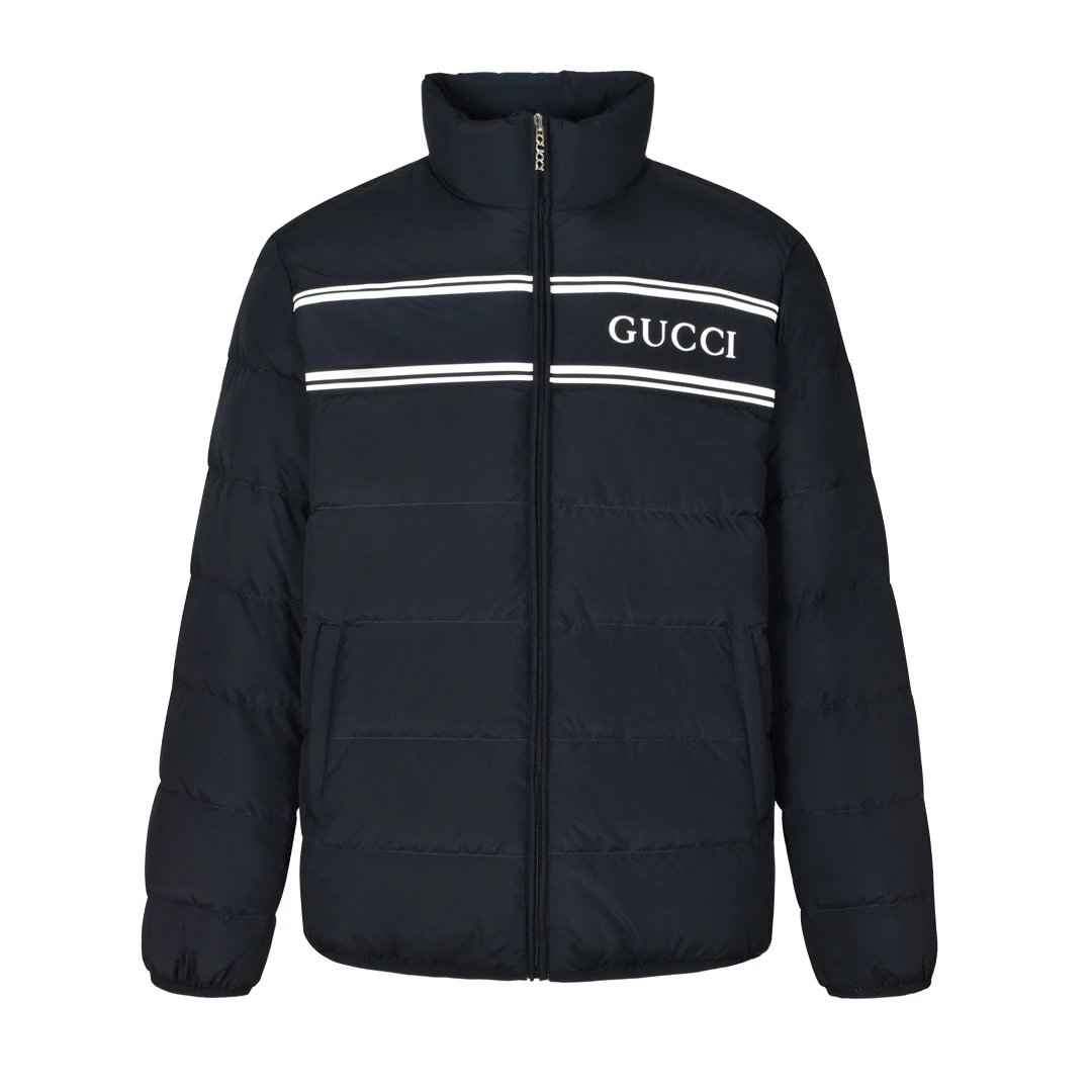 Gucci Down Jacket 24FW Striped Lamination Logo Stand Collar Down Jacket Unisex Fluffy Hooded Long Sleeve Puffer Coat Winter Thickened Warm Outerwear Loose Versatile Fashion