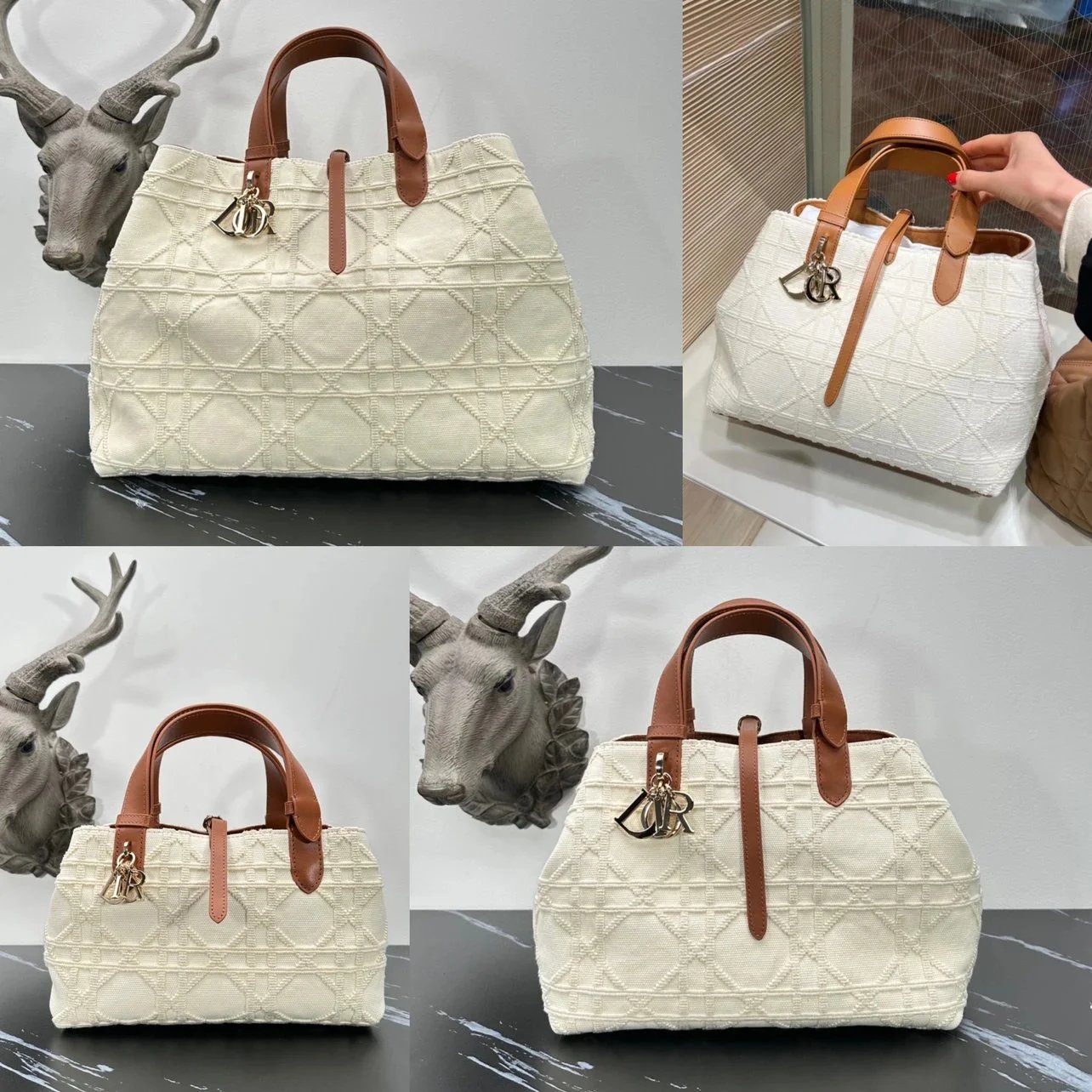 Dior Women's Bag Top version 【Super Original Quality】Handbag Popular Beige Cloth Leather Patchwork Handbag Rattan Plaid Shopping Bag Large, Medium and Small Three One Size Spring and Summer New Women's Bag