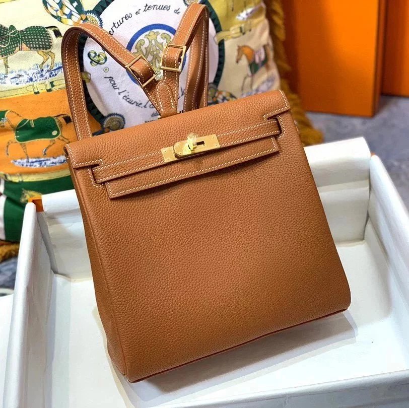 Hermes women's bag Top version h Handmade hermes High-End Backpack Backpack Men's and Women's Bag KellyAdo22cm Unisex Backpack Backpack Schoolbag Shoulder Bag Imported togo Leather Hand Sewing Wax Line