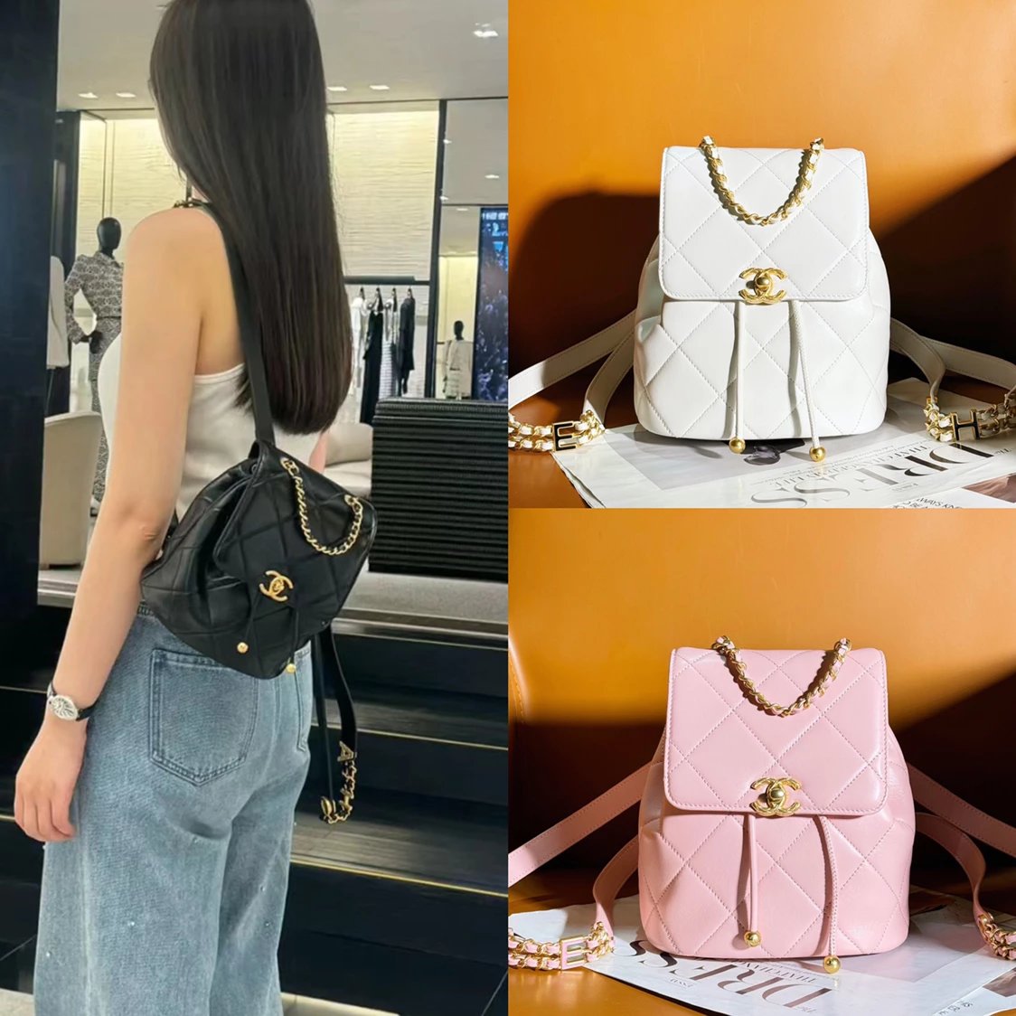 Chanel Backpack Bag Top version 【Super Original Leather Kowloon Leather】New24S Saltsburg Backpack Women's Bag New Sheepskin Black Gold Letter Chain Backpack As4866