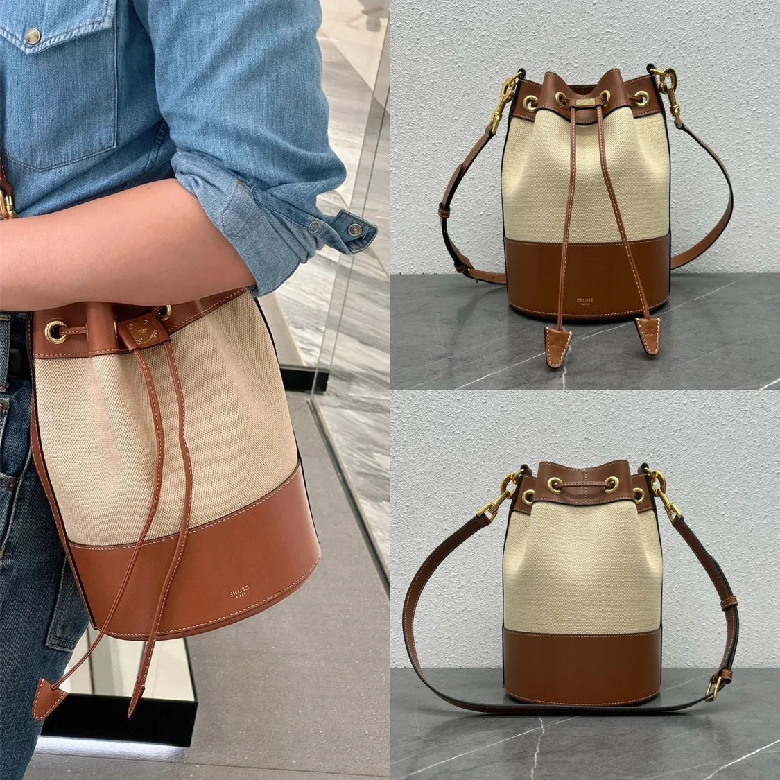 Celine women's bag Top version 【Highest Version Quality Assurance】23Early Autumn New Canvas Bucket Bag Drawstring Bucket Bag with Linen and Cow Leather Edging，Linen Lining，Drawstring Leather Necking Design?️Adjustable Leather Long Shoulder Strap Crossbody