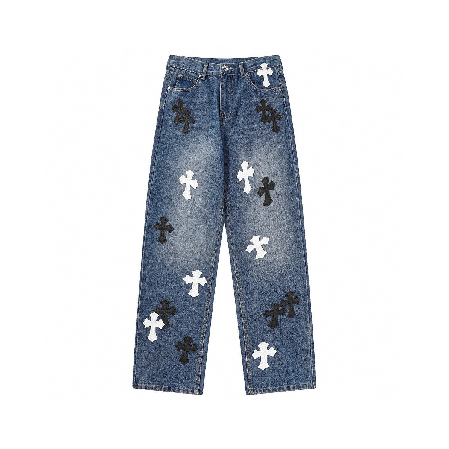 Chrome Hearts Jeans Top Version Cross Leather Tag Version Worn Jeans Casual Men and Women Slightly Loose All-Matching Contraction Trouser