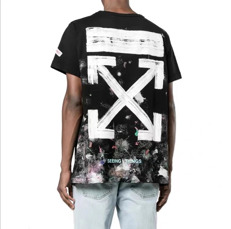 OFF-White T-shirt Top Checked Short Sleeve Arrow Oil Painting Splash Ink Gilding T Loose T-shirt Male and Female Couples Wear Summer