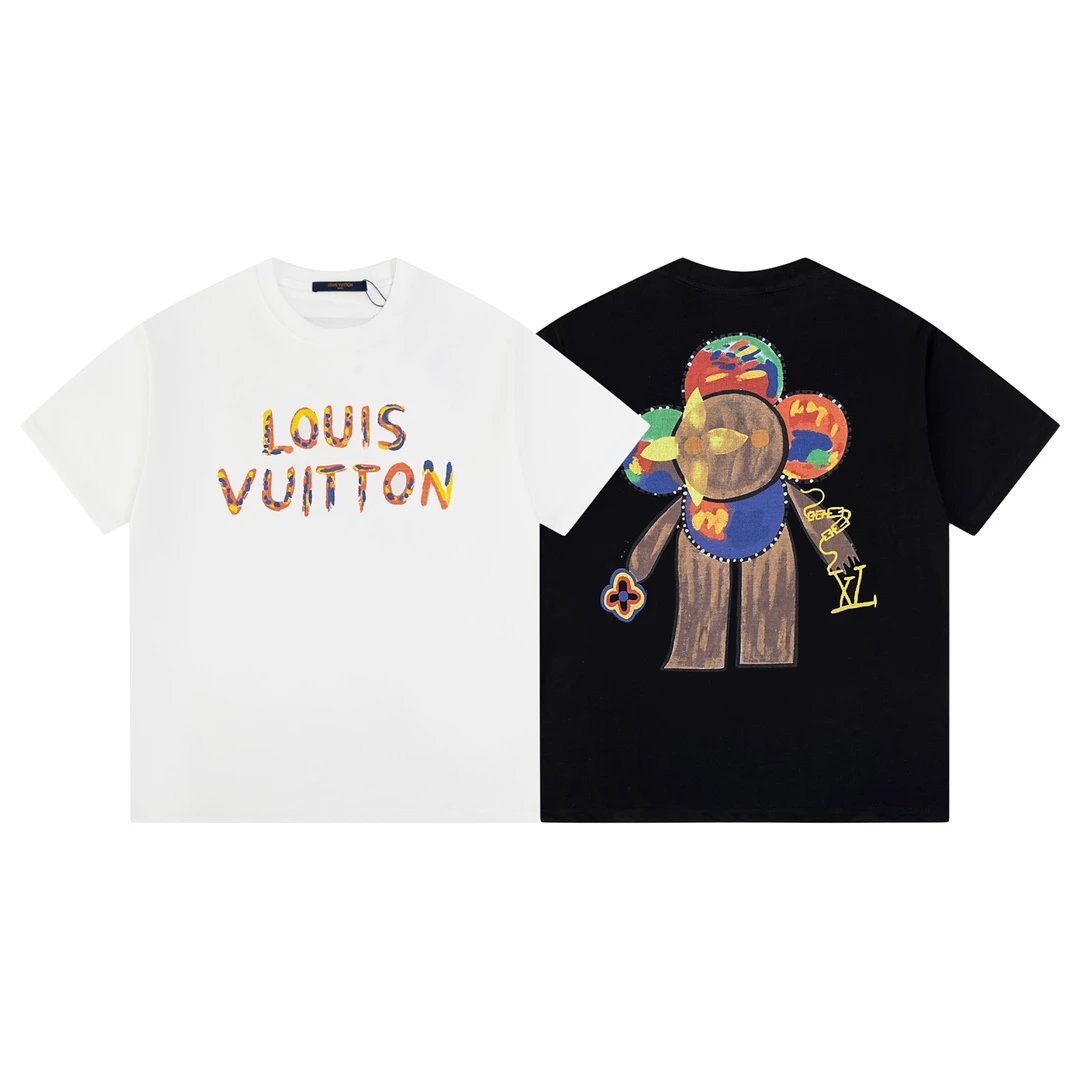 Louis Vuitton LV T-shirt Back Sunflower White Ink Print logo round Neck Short Sleeve25ss New Pure Cotton Unisex Style T Casual T-Shirt Base Layer Shirt OS Loose Fit Half Sleeve Top Plus Size
