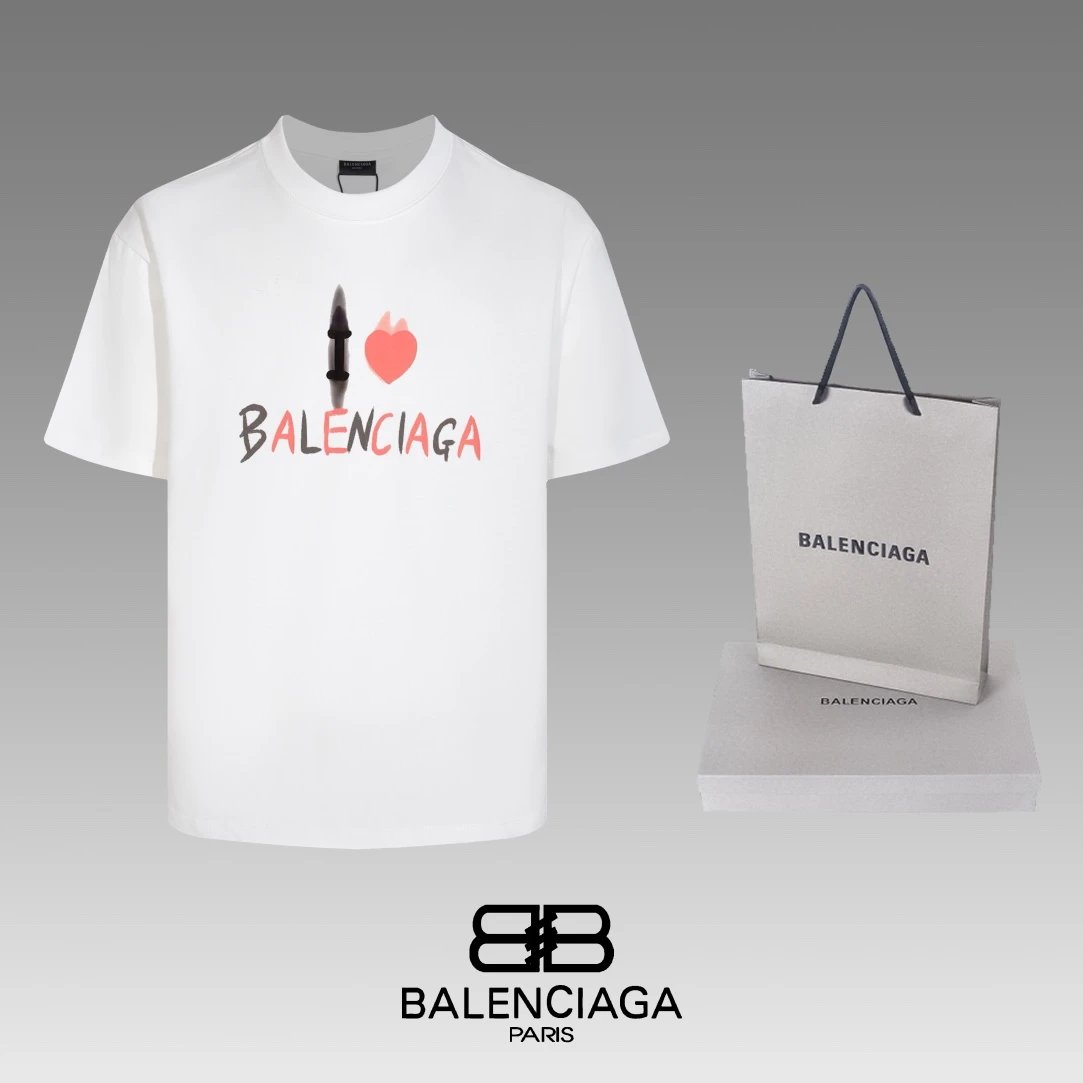 Balenciaga T-shirt Hand-painted Letter Strawberry Pattern Print on Chest logo round Neck Short Sleeve25ss New Pure Cotton Unisex Style T T-shirt OS Loose Fit Base Shirt Top Half Sleeve T-Shirt