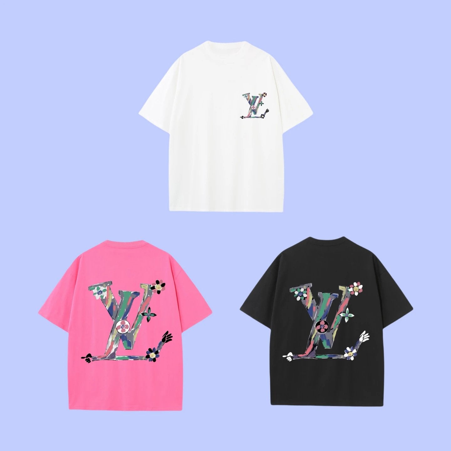 Louis Vuitton LV T-shirt Back Graffiti Sunflower Print logo round Neck Short Sleeve25ss New Pure Cotton Unisex Style T T-shirt OS Loose Fit Base Shirt Half Sleeve T-Shirt Top Half Sleeve