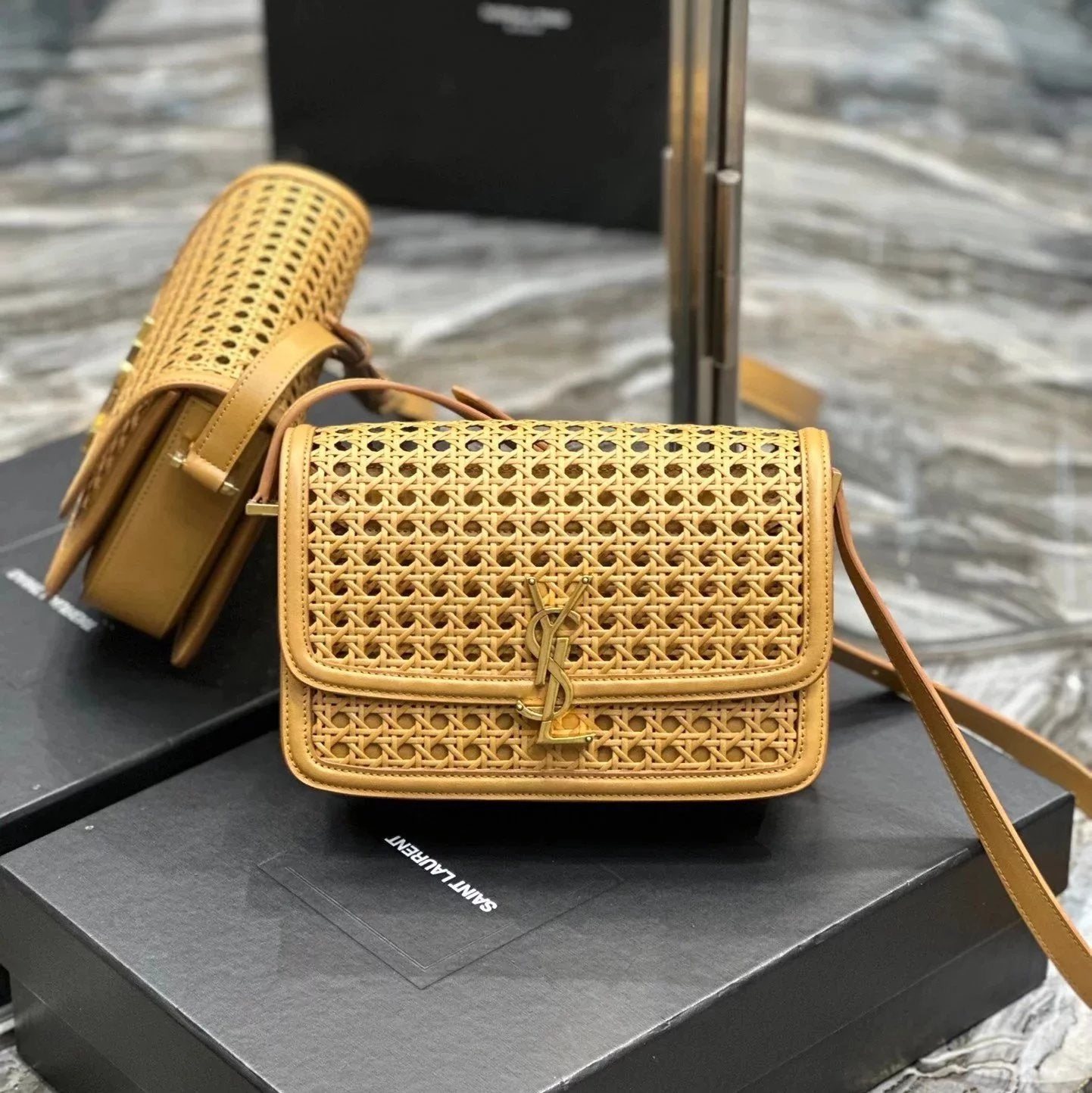 YSL Women's Bag Top version 【Super Quality】2023New woven bag Solferinobox_Apricot Bamboo Woven with Cowhide Gold Buckle Hollow Design Bamboo Woven Bag Raffia Series New Woven Square Bag Flap Messenger Bag Summer New Women's Bag