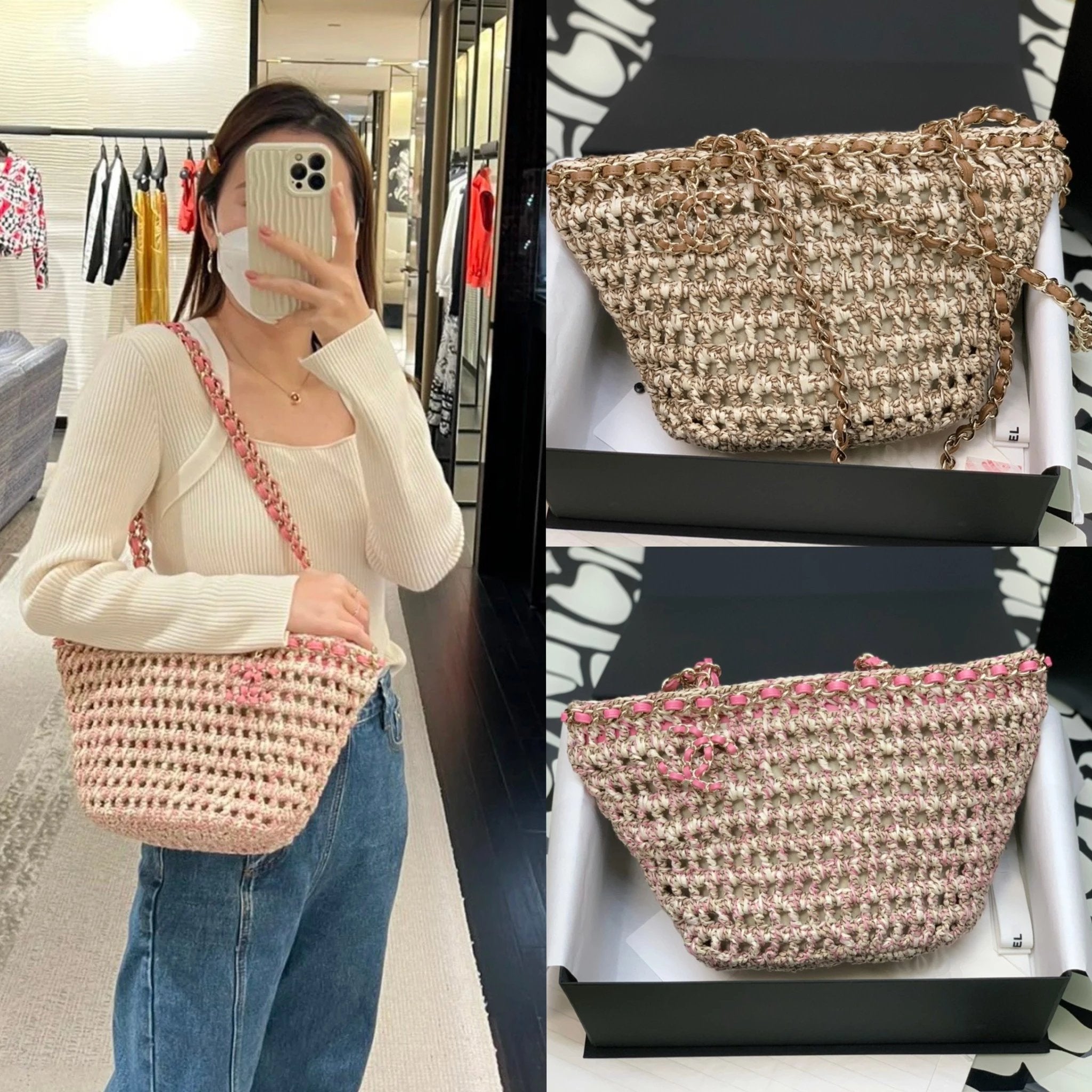 Chanel Women's Bag Top version 23p Straw Bag Woven Beach Bag Heavy Craft Hand-Knitted Vacation Bag Woven Shopping Bag Vegetable Basket Bag Tote Bag36*20*12*cm