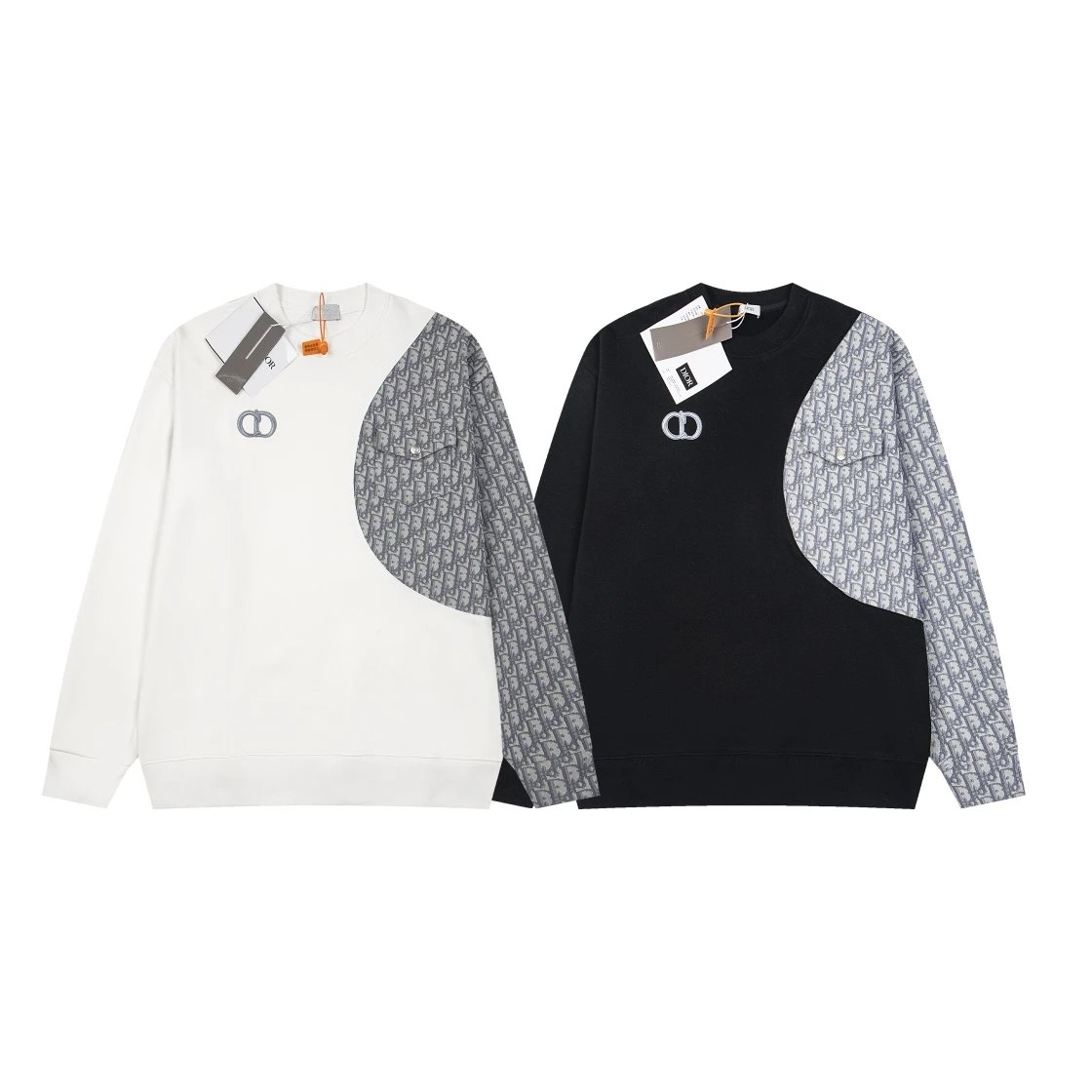 Dior Hoodie Stitching Old Pattern Cloth Embroidery Crew Neck Sweater Coat Men and Women Same Style Winter Casual All-Matching