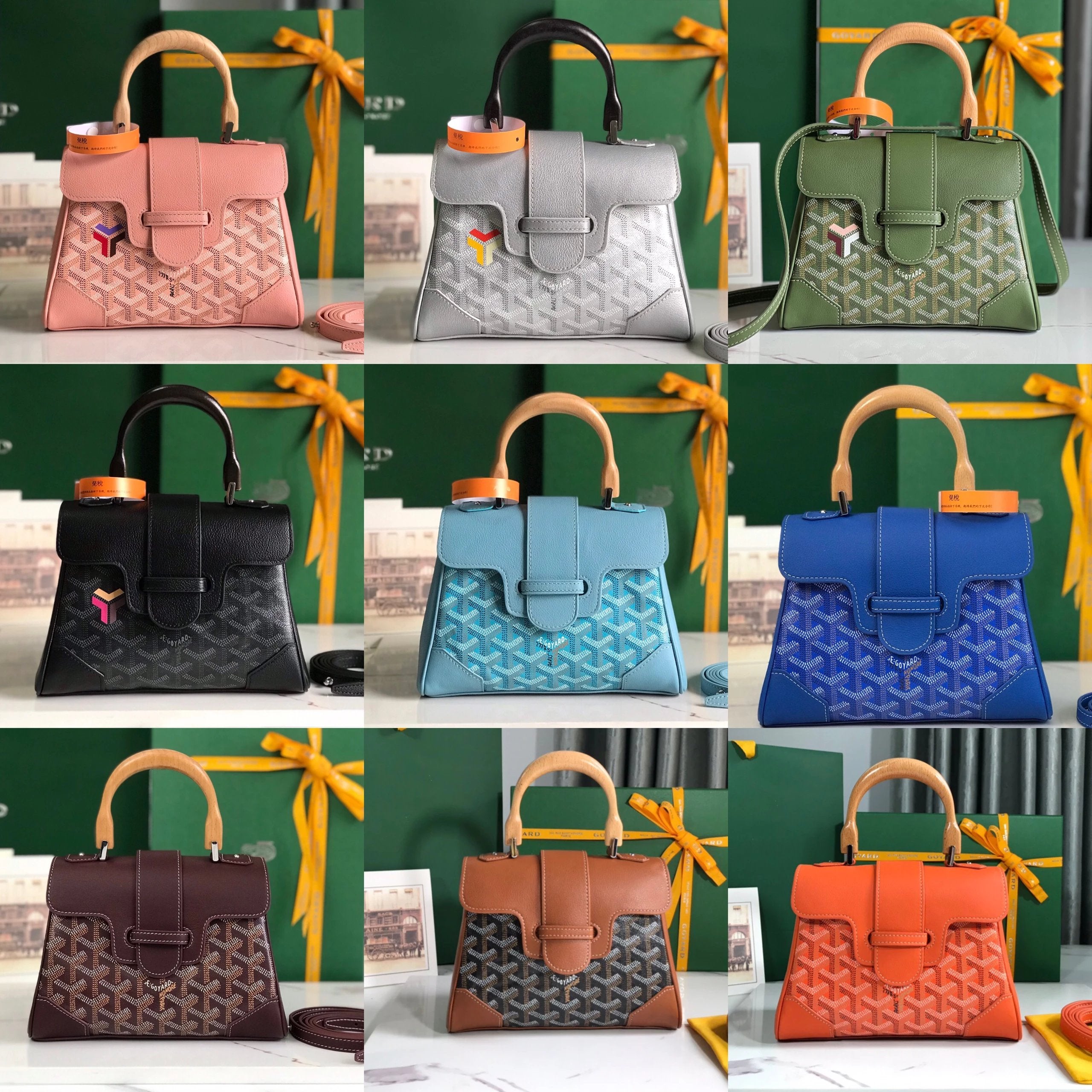 Goyard Bag Top version Saigon Bag Saigonmini Wooden Handle Handbag New Version Silk Screen Saigon Bag Shoulder Messenger Bag Kelly Women's Bag