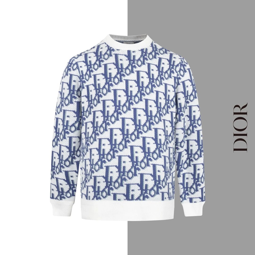Dior Sweater Full Print Jacquard Round Neck Knit Sweater Long Sleeve Thickened Lazy Style OS Loose Fit Unisex Top Jacket Versatile Casual Wearable Inside and Outside