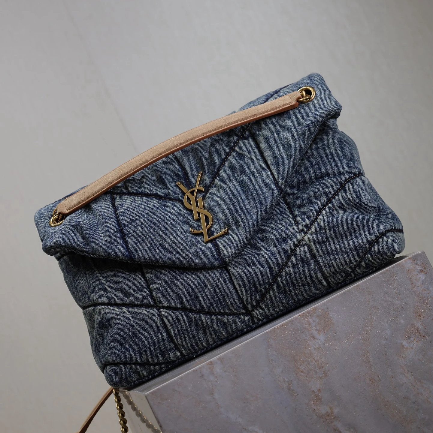 YSL Women's Bag Top version 【Super Original Leather】New VINYLE round Pie Bag Denim with Suede Autumn and Winter New Women's Bag Louloupuffer Denim Cloud Bag LouLou Denim Denim Tote Bag Crossbody Bag