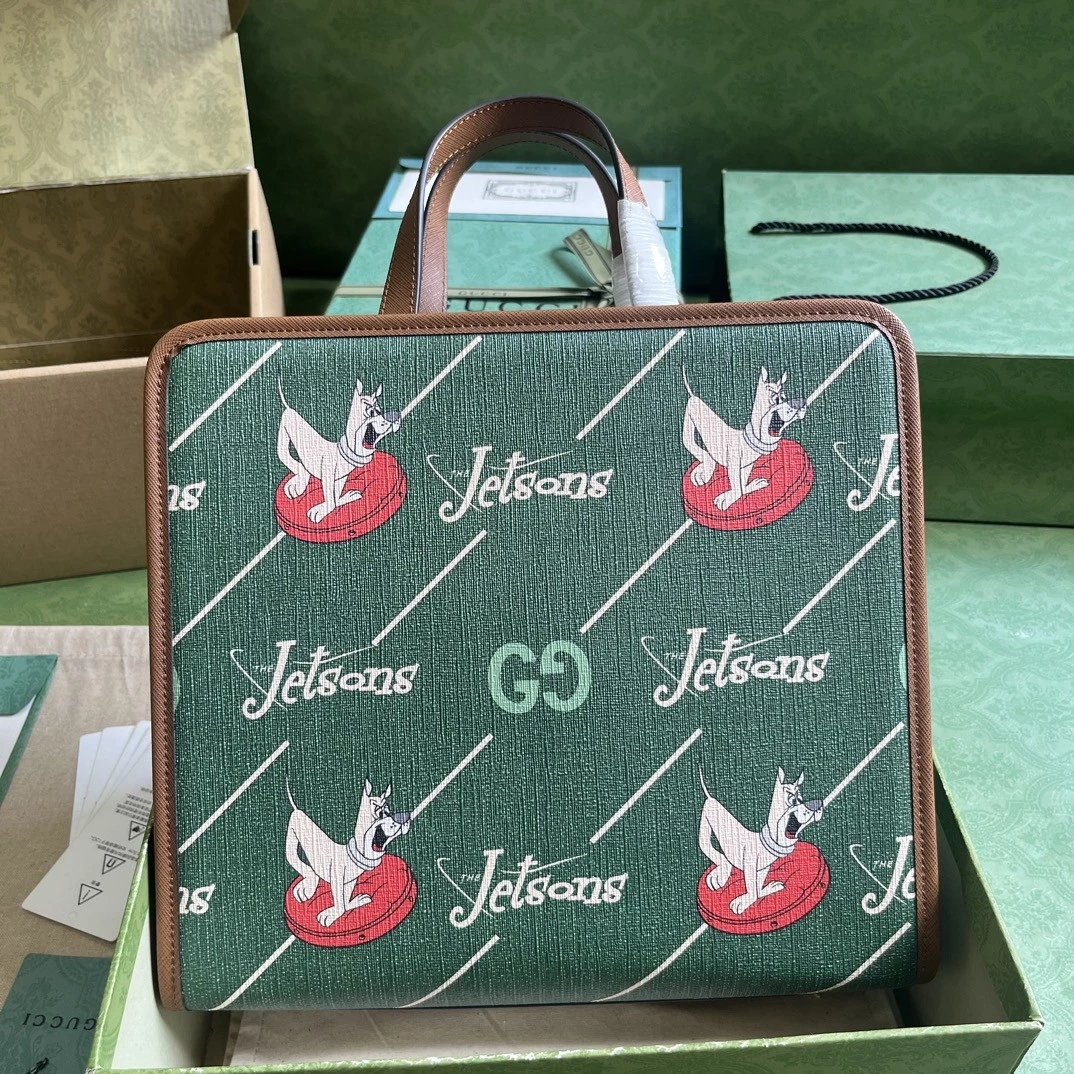 Gucci Women's Bag Top version 【**Version】2023New Children's Printing Series Tote Bag Pink Jason Pattern2024New Children's Bags Tote Package Vegetable Basket Bag605614New Sausage Dog Bichon LADYBIRD