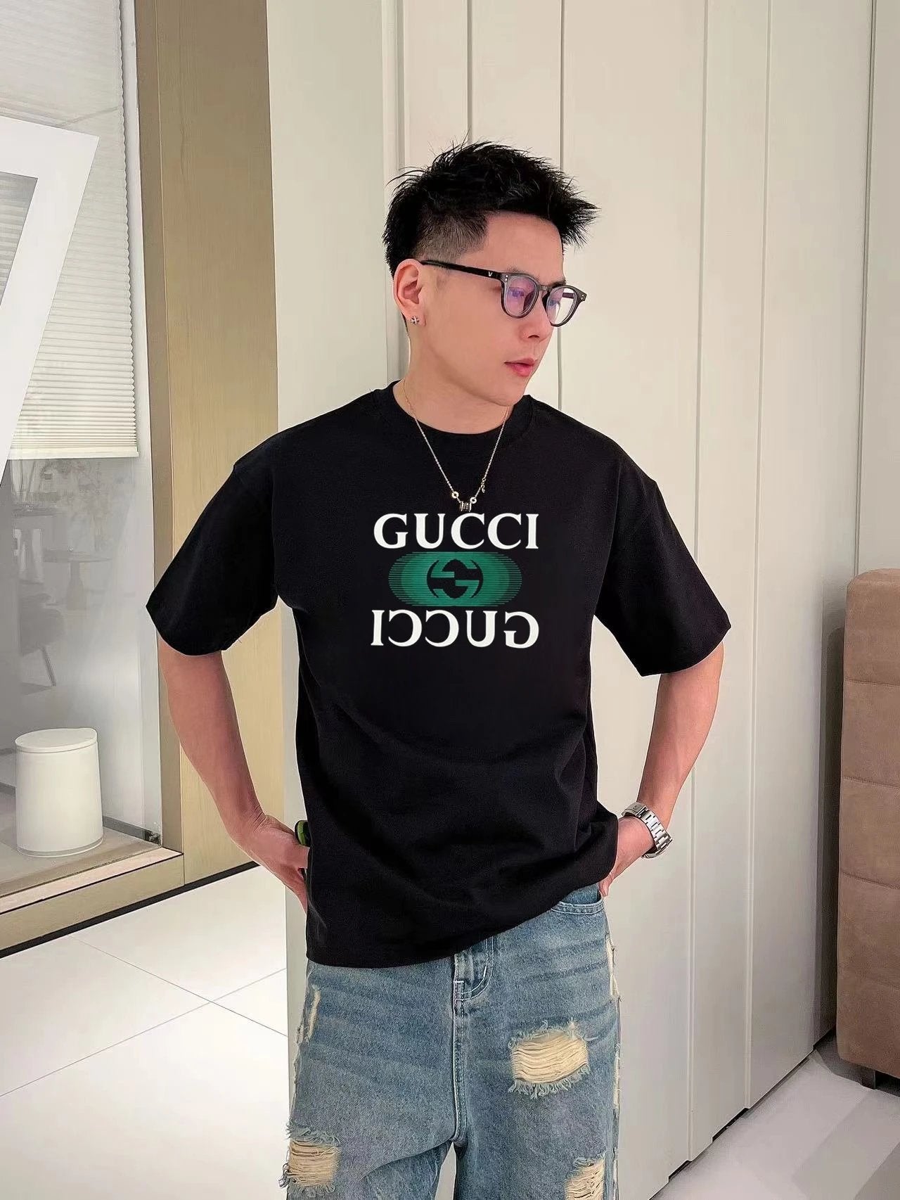 Gucci T-shirt Classic Green Double G Wow Glue Thick Board logo round Neck Short Sleeve25ss New Pure Cotton Unisex Style T T-shirt OS Loose Fit Base Shirt Top Half Sleeve T-Shirt