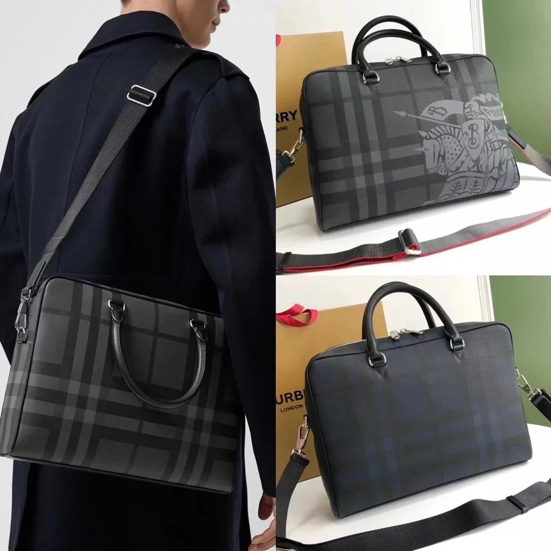 Burberry Men's Bag Top version Men's Bag Latest War Horse London Plaid Briefcase Computer Bag Shoulder Messenger Handbag