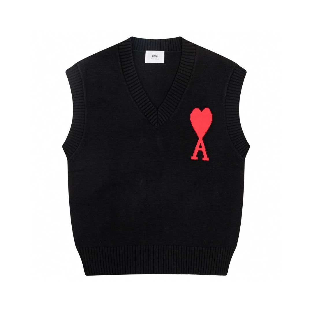 Ami Sweater Top Version Autumn and Winter New Red Heart Letter Collar Sleeveless Sweater Vest Men and Women Same Style