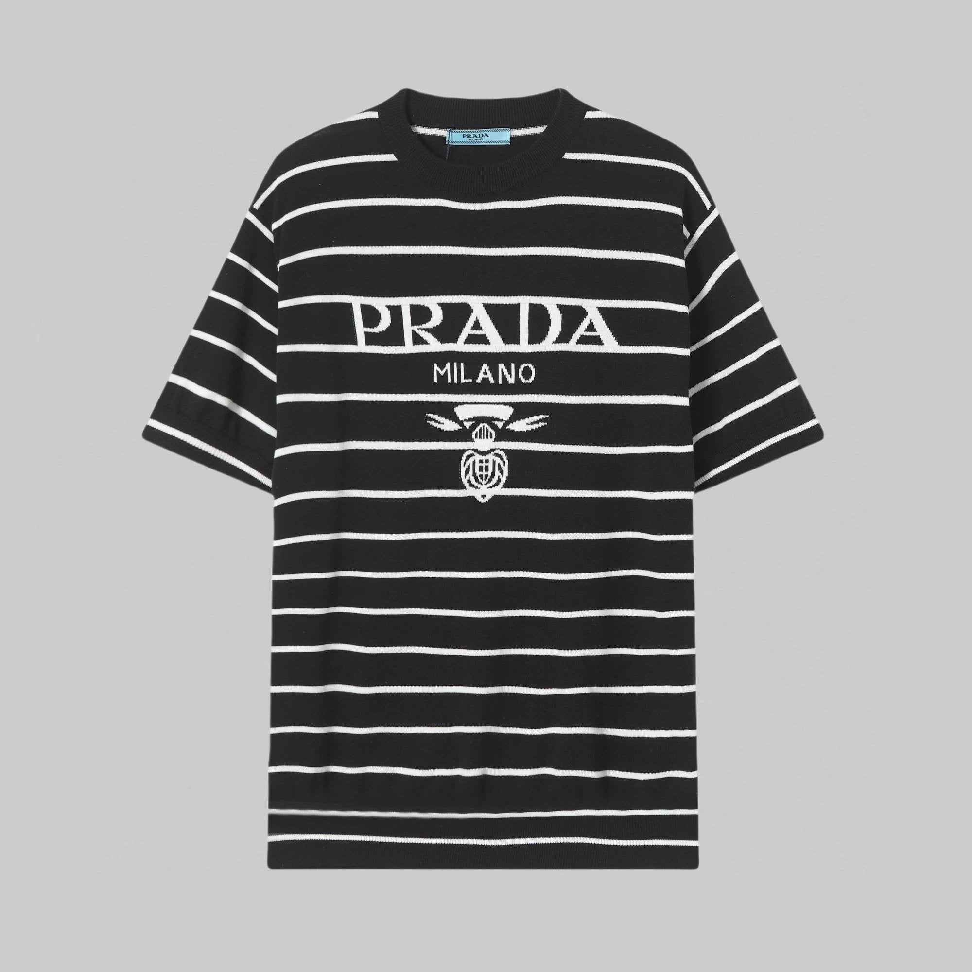 PRADA T-shirt Striped Letter on the Chest logo Knitted Crew Neck Short Sleeve25ss New Pure Cotton Unisex Style T Casual T-Shirt Base Layer Shirt OS Loose Fit Half Sleeve Top Plus Size