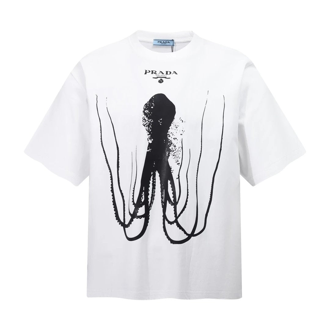 PRADA T-shirt Octopus Print on Chest logo round Neck Short Sleeve25ss New Pure Cotton Unisex Style T T-shirt OS Loose Fit Base Shirt Short Sleeve Top T-Shirt