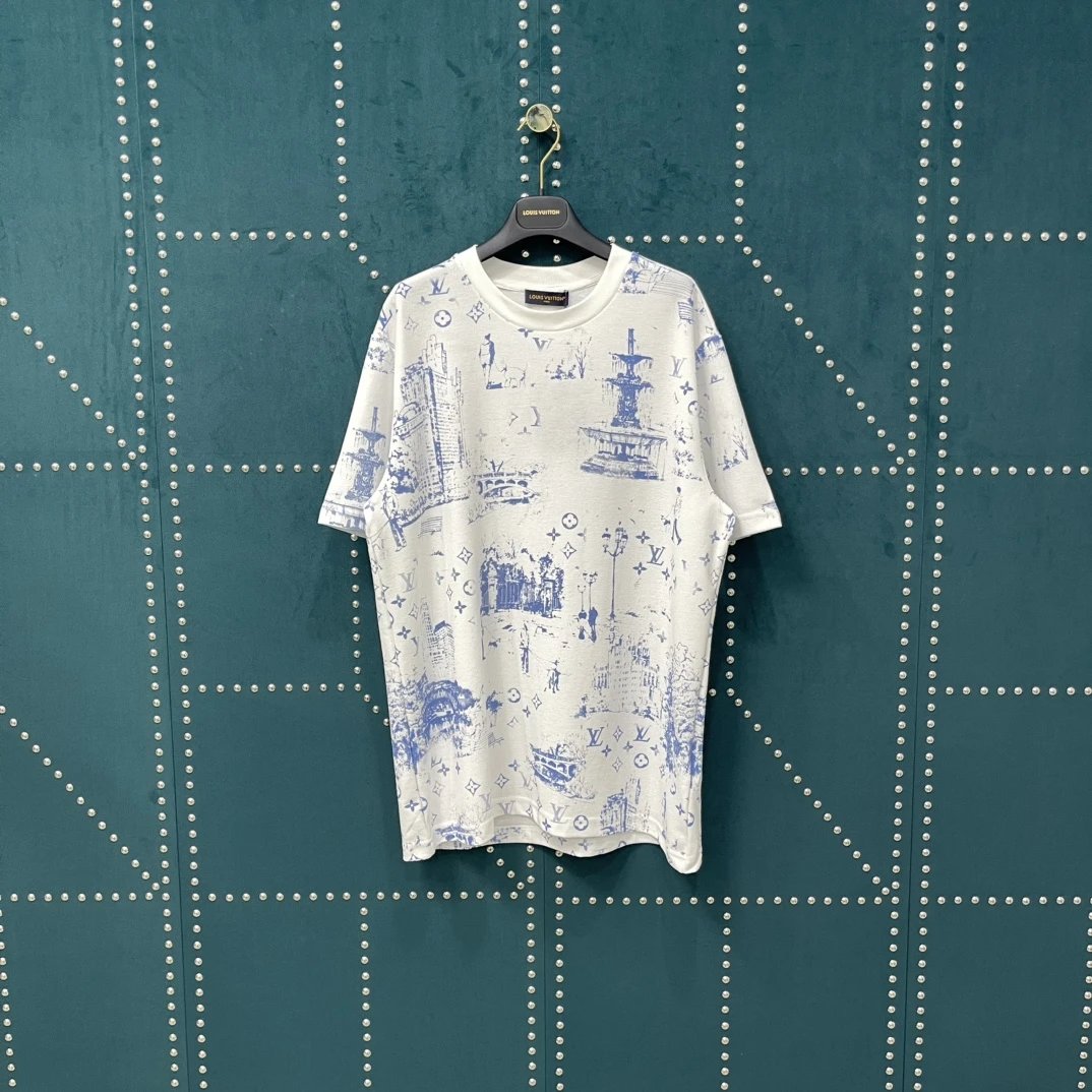 Louis Vuitton LV T-shirt Full Print Street Stroll Print logo round Neck Short Sleeve25ss New pure cotton T Unisex T-Shirt OS Loose Fit Base Shirt Top Half Sleeve T-Shirt