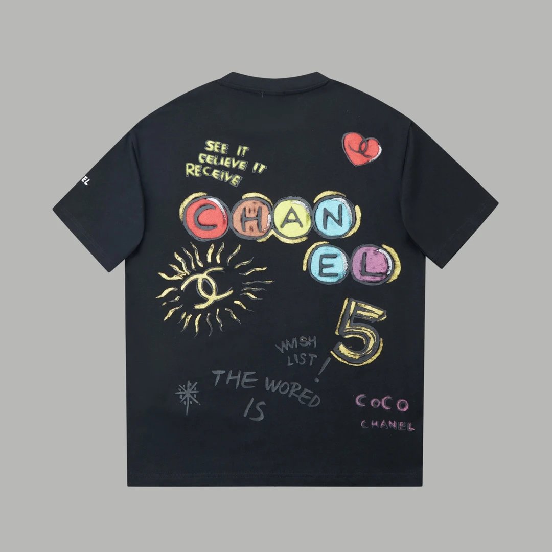 Chanel T-shirt Back Graffiti Hand-drawn Pattern Print logo round Neck Short Sleeve25ss New pure cotton T Unisex T-Shirt OS Loose Fit Base Shirt Top Half Sleeve T-Shirt