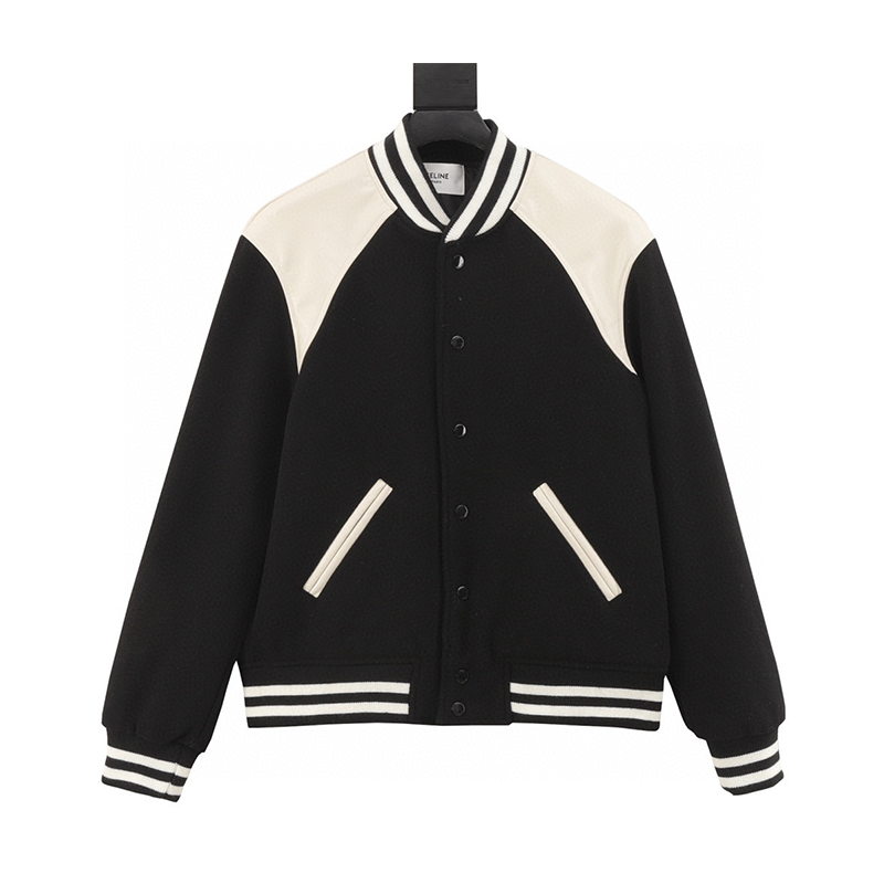 Celine Jackets 24Fw Black and White Leather Patchwork Baseball Jacket for Men and Women