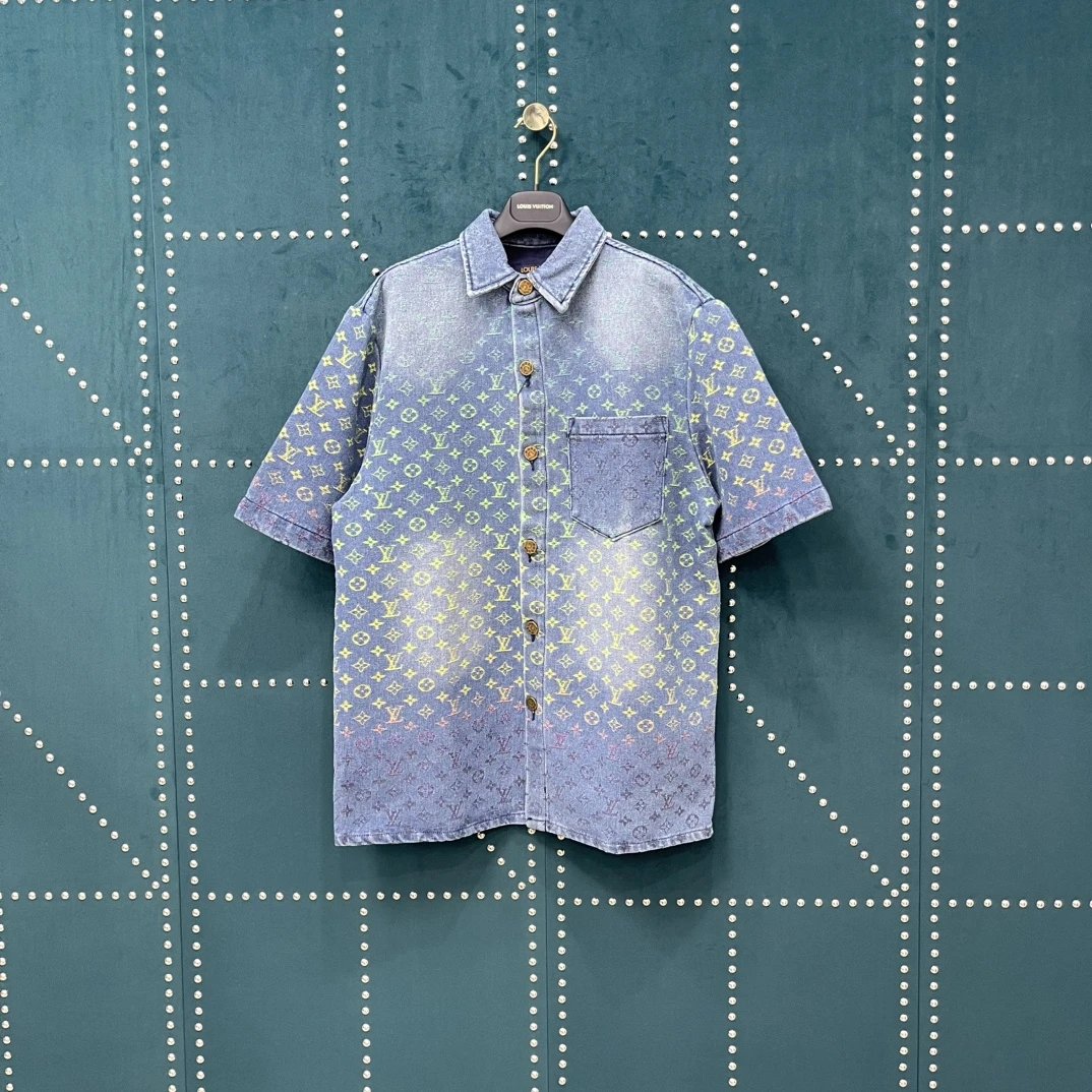 Louis Vuitton LV Shirt Gradient rainbow logo Shijia Turn-down Collar Short Sleeve Shirt Versatile Business Unisex Casual Slim Fit Jacket