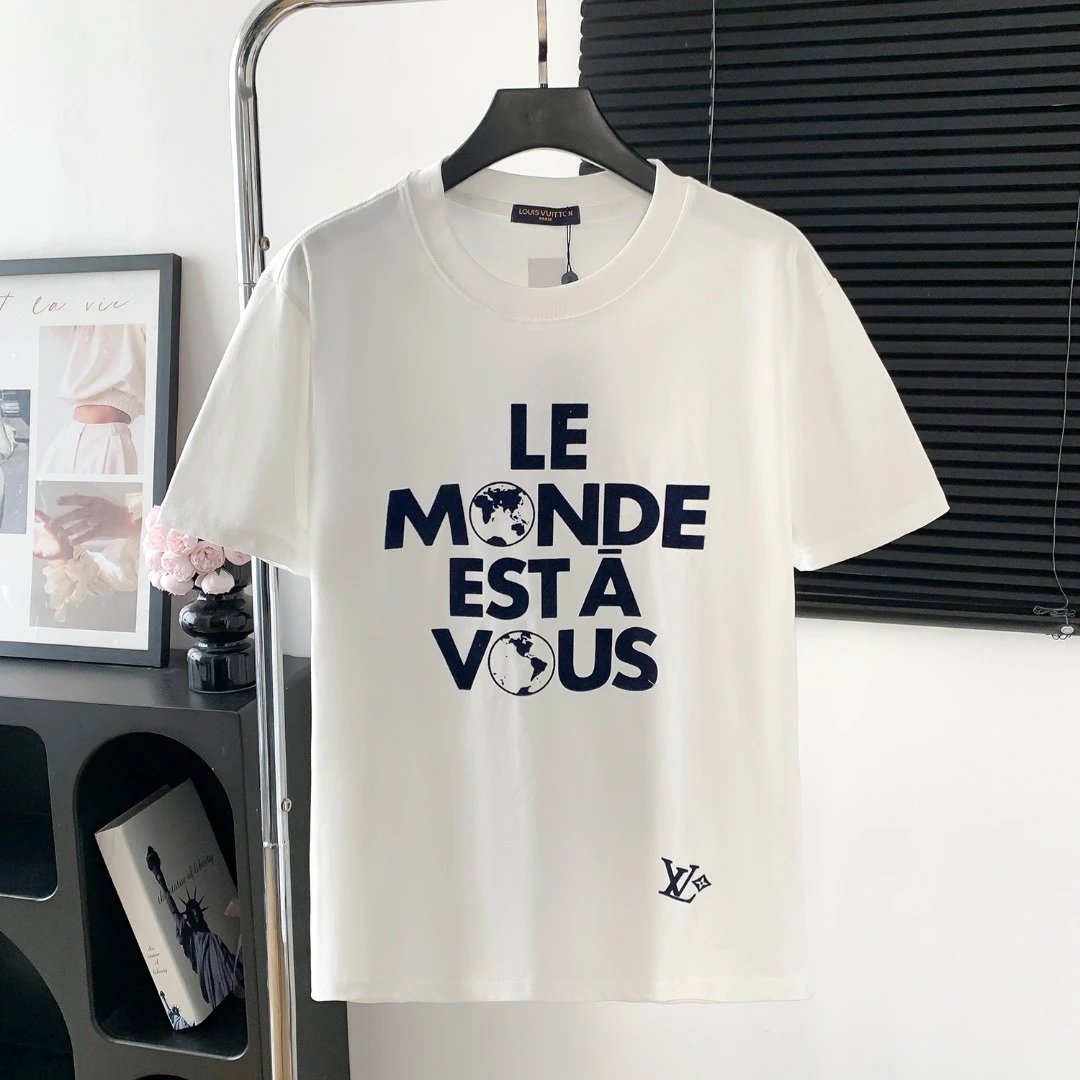 Louis Vuitton LV T-shirt Letter Earth Pattern Print on Chest logo round Neck Short Sleeve25ss New Pure Cotton Unisex Style T T-shirt OS Loose Fit Base Shirt Half Sleeve T-Shirt Top Half Sleeve