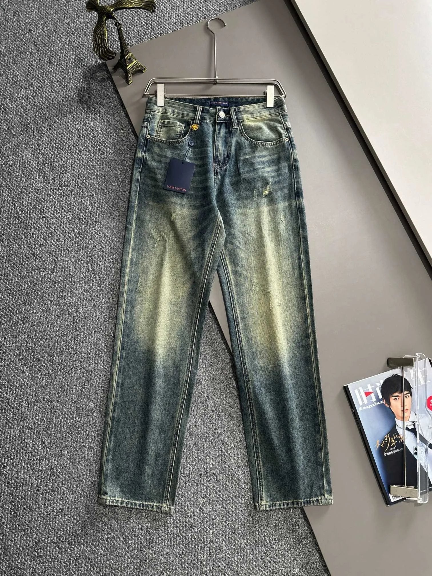 Louis Vuitton LV Jeans Back Waist Leather Tag logo25ss Spring Summer New Straight Slim Fit Jeans Unisex Loose Fit Long Pants