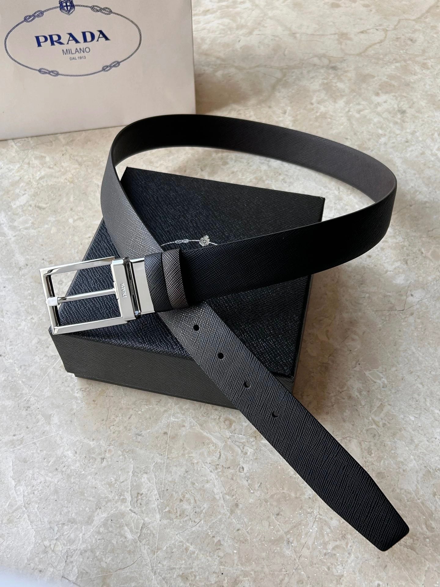 PRADA Belt Top version New Original Order Genuine Belt Men's Pin Buckle Belt Business Casual Cross Pattern Black Coffee Double-Sided Pure Original Leather Imported from Italy Cowhide Leather