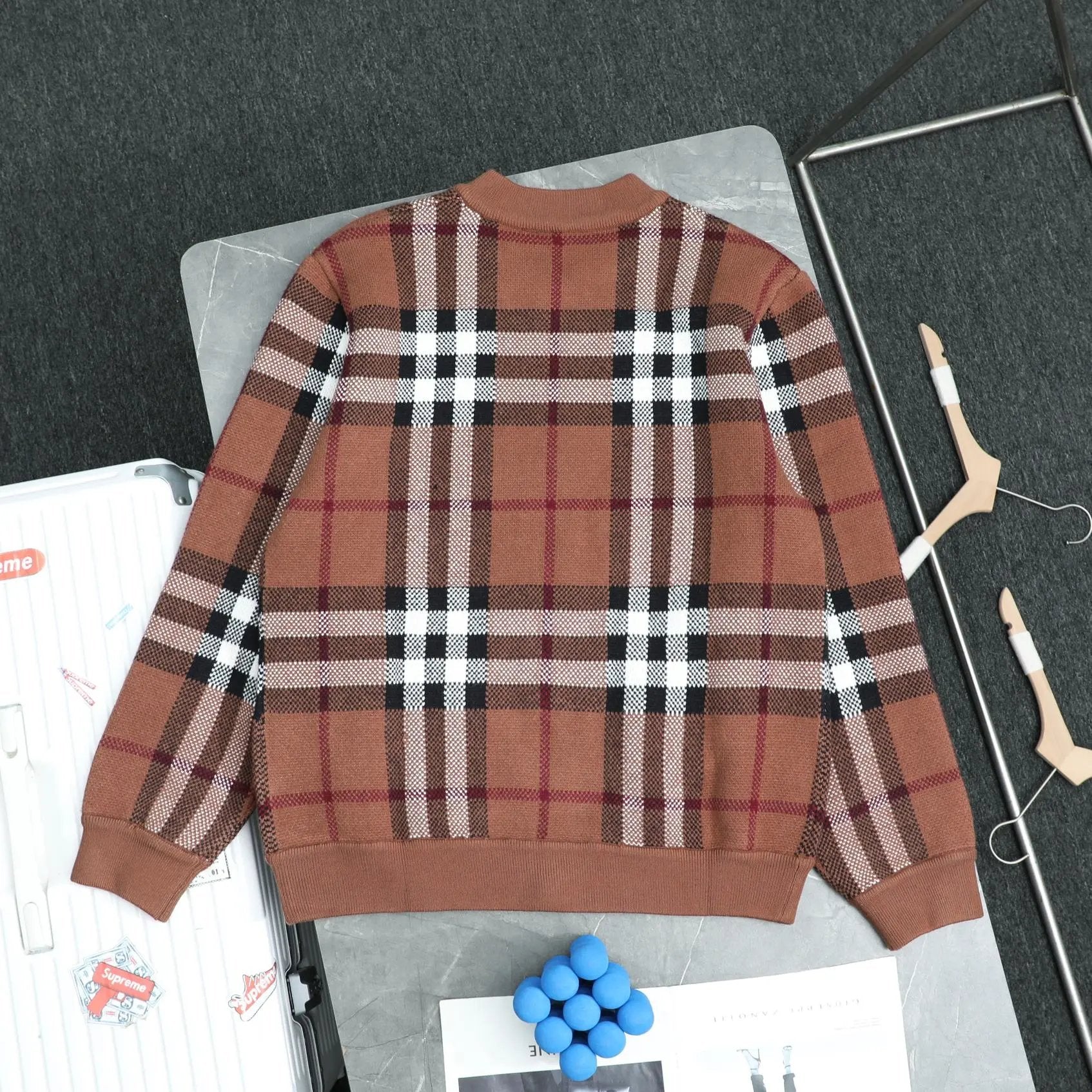 Burberry Jackets Heavy Craft Plaid Zipper Cardigan Wool Coat Long Sleeve Thickened Lazy Style Unisex Loose Knit Top Coat Versatile Casual Wearable Inside and Outside