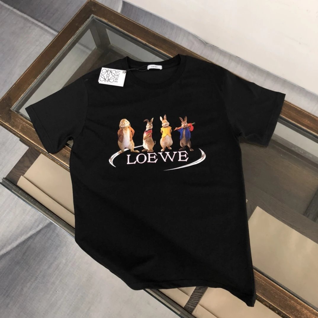 LOEWE T-shirt Four Rabbits Print on the Chest logo round Neck Short Sleeve25ss New Pure Cotton Unisex Style T Casual T-Shirt Base Layer Shirt OS Loose Fit Half Sleeve Top Plus Size