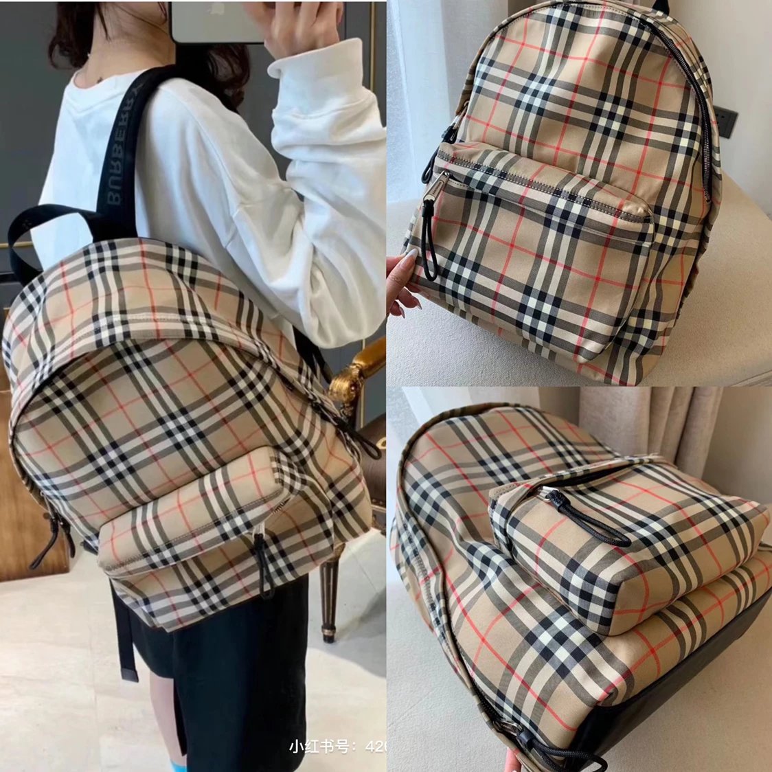 Burberry backpack Top version （Original Foreign Trade）Bag Backpack Nylon Backpack Schoolbag Men's and Women's Same Letter Jacquard Worsted Logo Babaojia Backpack Plaid Bag