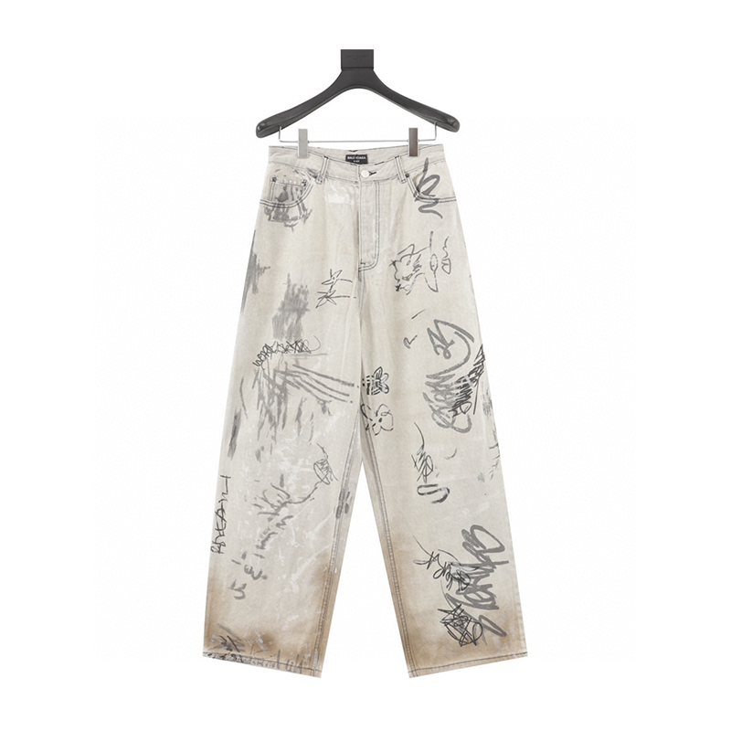 Balenciaga Jeans Model Style White Graffiti Denim Trousers for Men and Women