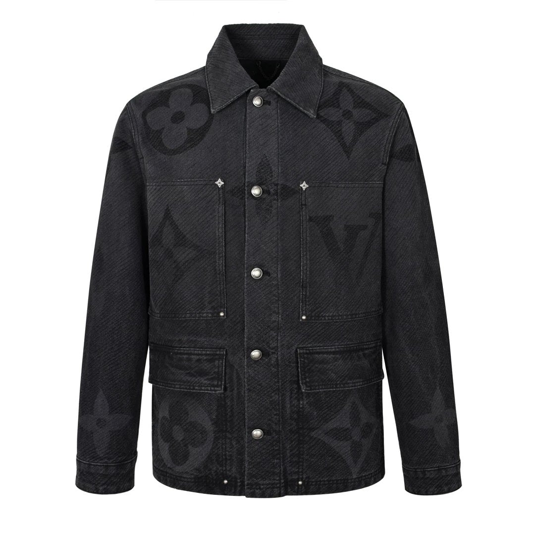 Louis Vuitton LV Jackets 24FW Dark Pattern Burnt Flower Denim Jacket Fashion Simple Heavy Casual Short Denim Unisex Washed Turn-down Collar Jacket