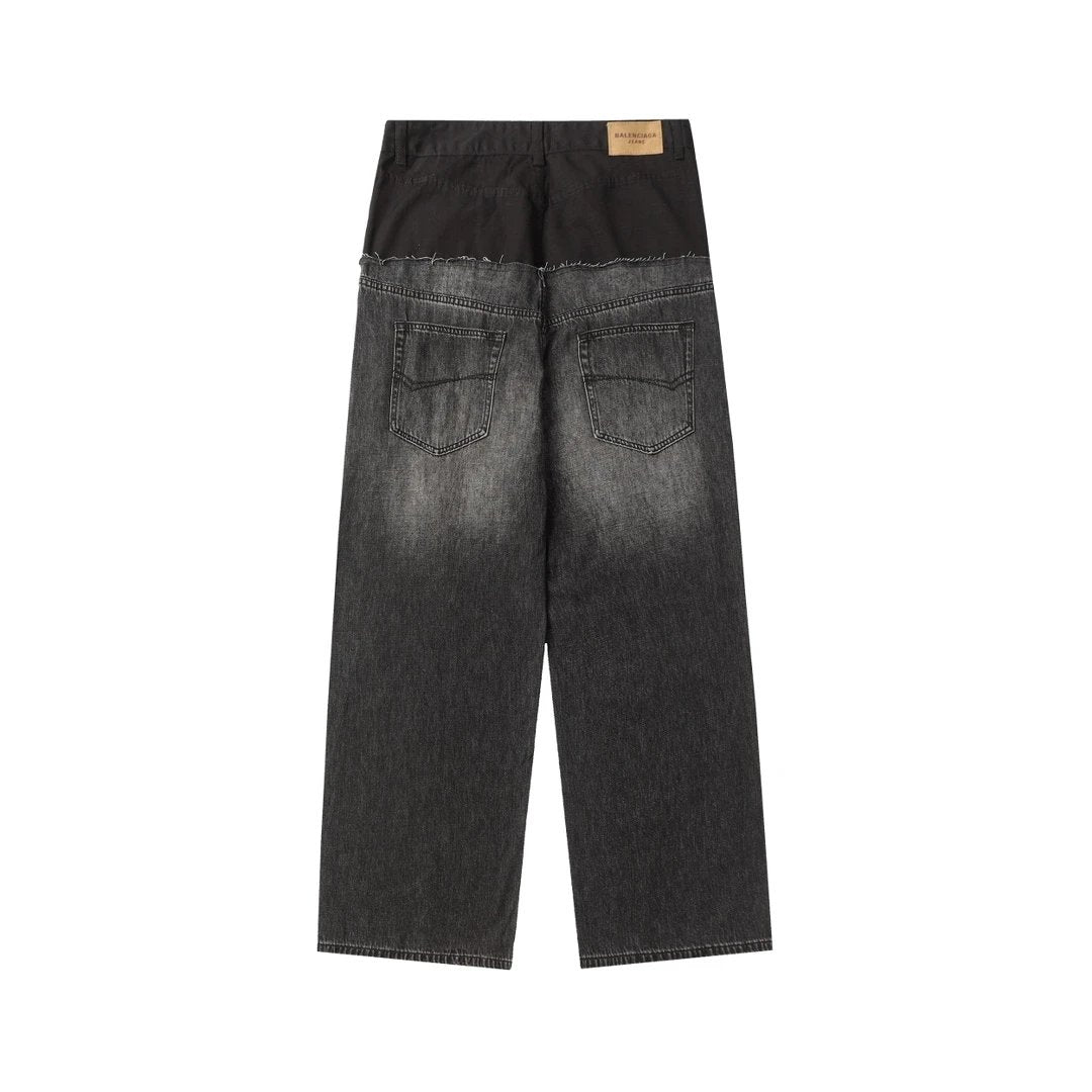 Balenciaga Jeans 100% Cotton Special Plaid Patchwork Washed Jeans Casual Wide-leg Pants Straight-leg Pants High-waisted Pants Unisex Long Pants24ss Autumn and Winter New Products