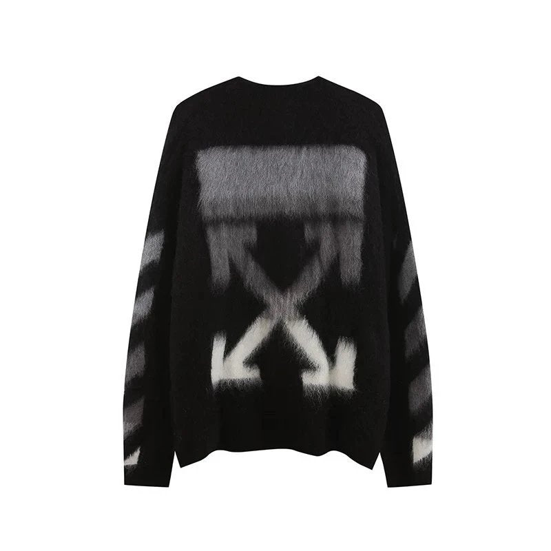 OFF-White Sweater Top Version Verified Quality Sweater Pullover Black and White Arrow Gradient Mohair Autumn and Winter Rendering Knitted Men and Women