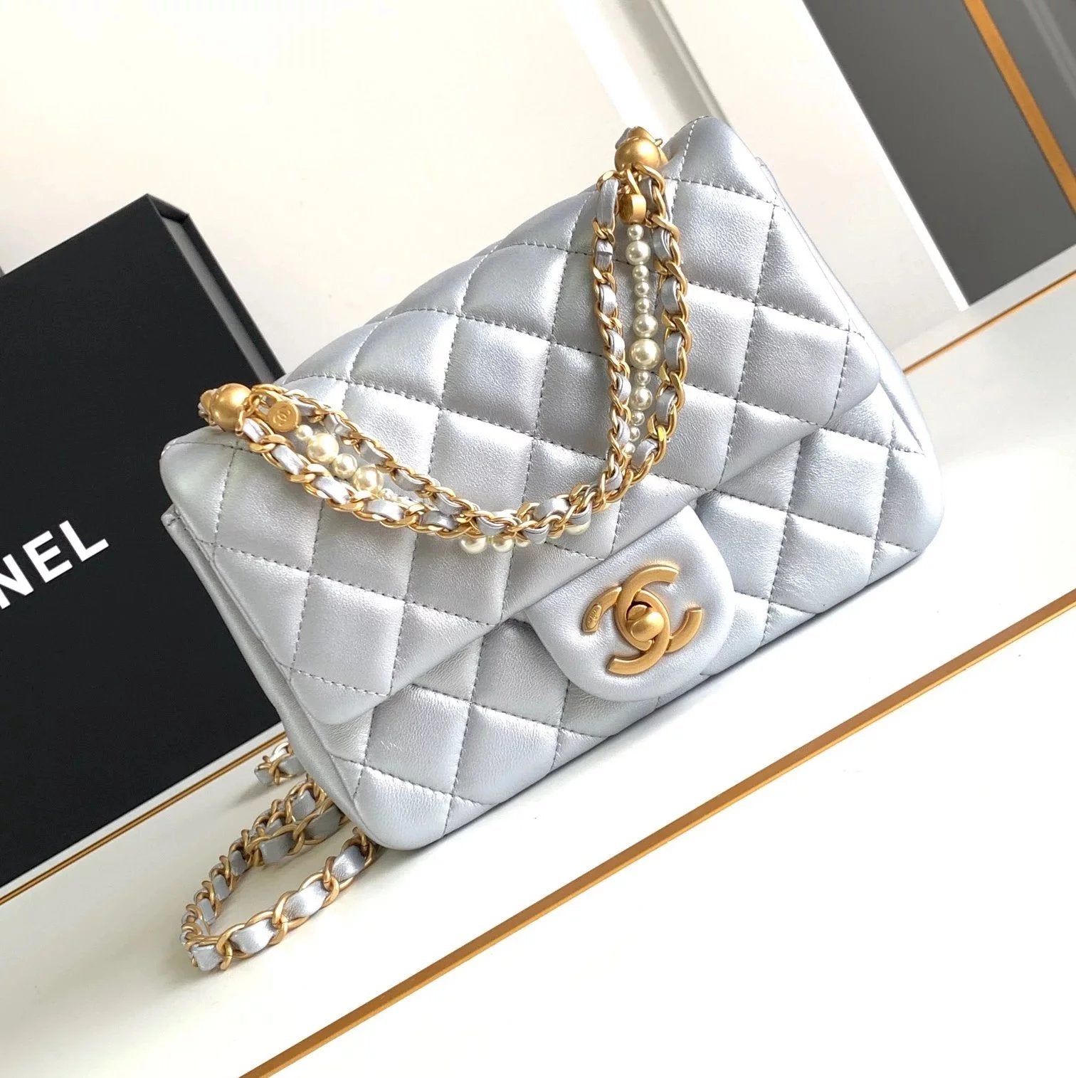 Chanel Women's Bag Top version 【Original Leather**】C Jia Nai Jia24P Early Spring New Pearl Flap Bag Pearl CF Square Fat Bag Genuine Leather Ladies Women's Bags Trendy Hot Sale Women's Bag Home Pearl Bag Pearl CF Package Pearl Chain Bag