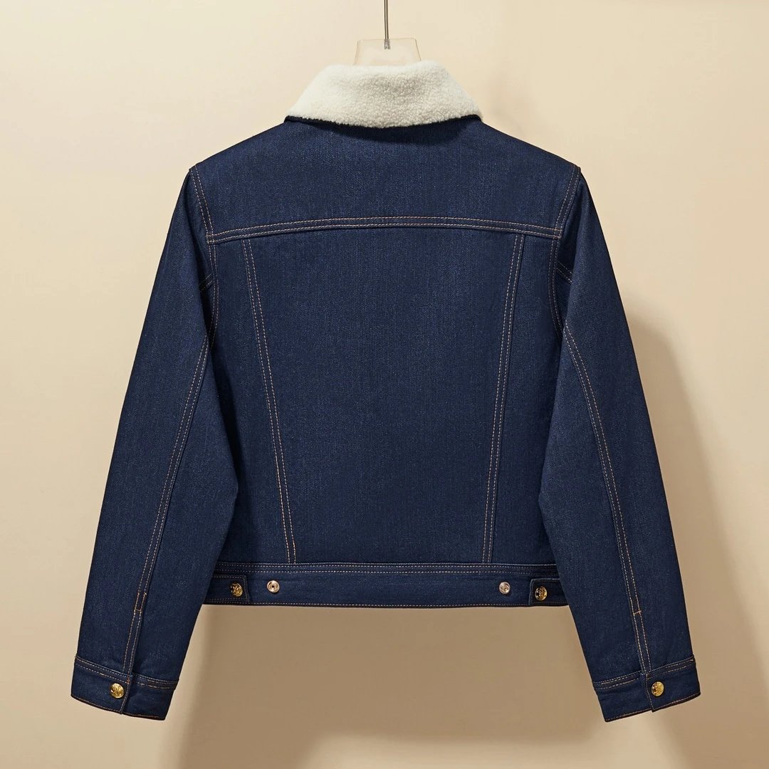 Celine Jackets Lamb Wool Denim Jacket Fashion Simple Heavy Casual Short Unisex Washed Vintage Turn-down Collar Jacket