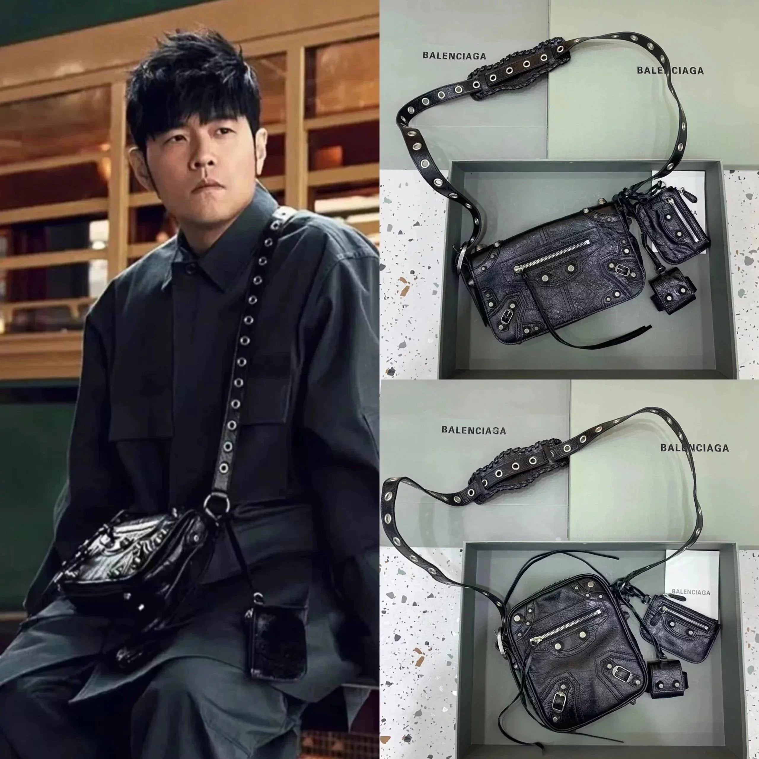 Balenciaga Bag Top version 【Original Leather】New Motorcycle Bag Jay Chou Same Style Hot Motorcycle Bag Men's Small Messenger Bag Rivet Bag Mobile Phone Bag Camera Bag Shoulder Bag Comes with Small Ornaments and Card Bag Men's and Women's Bags Storage Bag