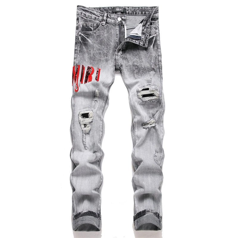 Amiri Jeans New Foreign Trade Style Fashion Blue with Holes Paste Cloth Embroidery Elastic Mid-Waist Feet Men's Jeans