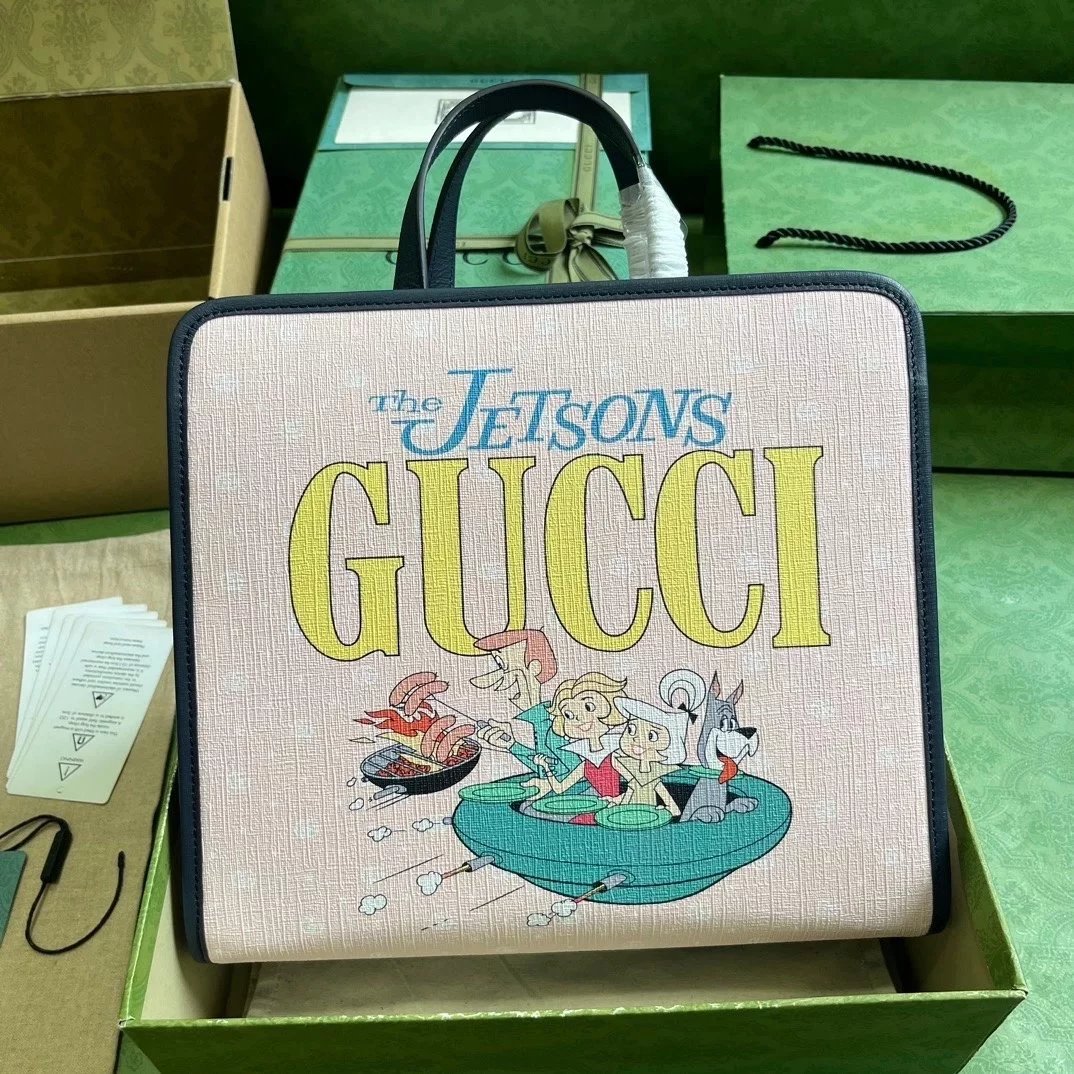 Gucci Women's Bag Top version 【**Version】2023New Children's Printing Series Tote Bag Pink Jason Pattern2024New Children's Bags Tote Package Vegetable Basket Bag605614New Sausage Dog Bichon LADYBIRD