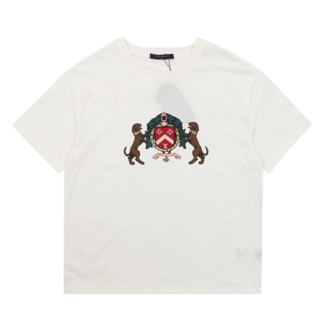 Louis Vuitton LV T-shirt Front Double Dog Logo Print logo round Neck Short Sleeve25ss New Pure Cotton Unisex Style T Casual T-Shirt Base Layer Shirt OS Loose Fit Half Sleeve Top Plus Size