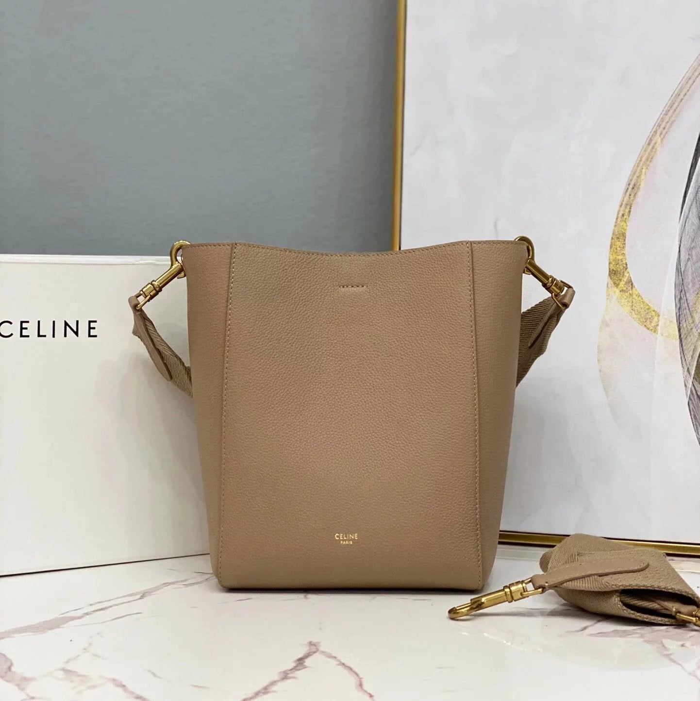 Celine women's bag Top version 【】SangleBucket Small Size Bucket Classic Lychee Grain Surface Cow Leather Wide Shoulder Strap Bucket Bag Shopping Bag Shoulder Women's Corssbody Bag