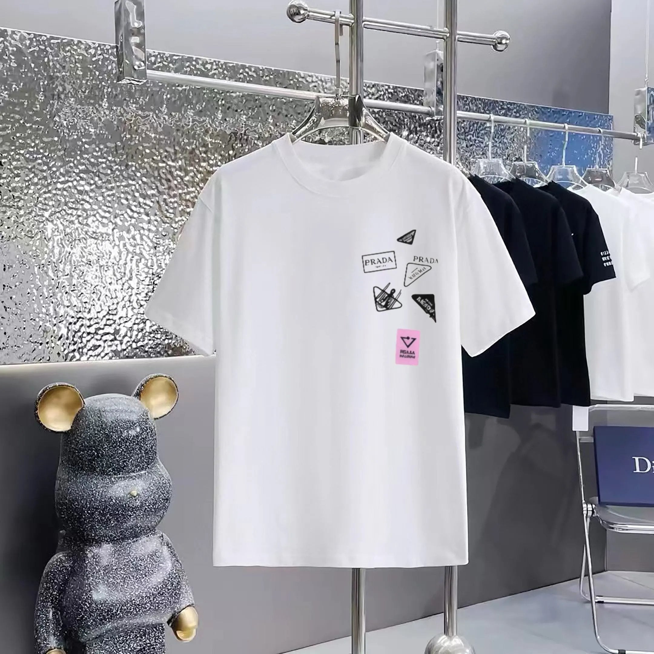 PRADA T-shirt Square Pattern Print on the Chest logo round Neck Short Sleeve25ss New Pure Cotton Unisex Style T Casual T-Shirt Base Layer Shirt OS Loose Fit Half Sleeve Top Plus Size