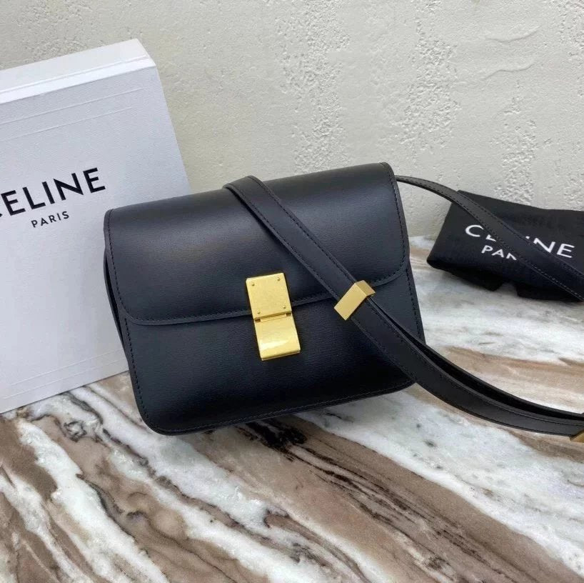 Celine women's bag Top version 【Original Leather】Classic ClassicBox Bag Teen Square Bag Stewardess Bag Box Bag Toothpick Pattern Cowhide Crossbody Women's Bag18.5cmTeenbox Bag