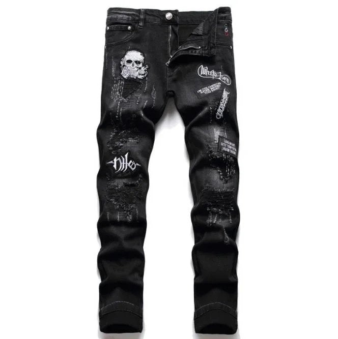 Amiri Jeans New Foreign Trade Style Fashion Blue with Holes Paste Cloth Embroidery Elastic Mid-Waist Feet Men's Jeans